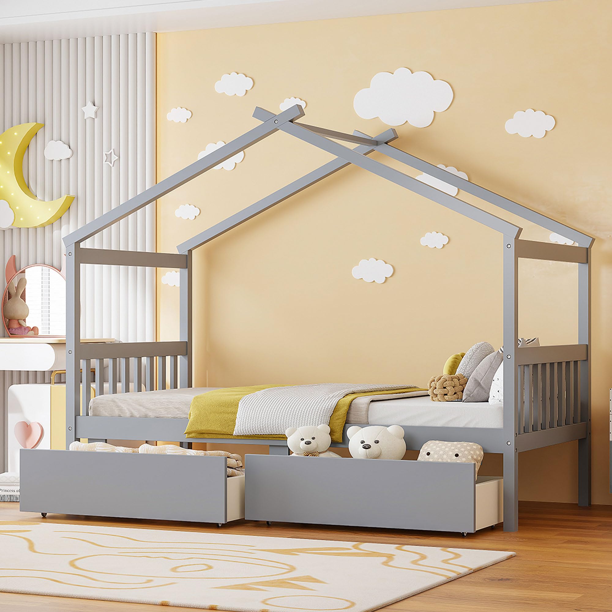 Twin Size House Platform Bed with Roof and 2 Drawers, Solid Wood House Daybed Frame with Headboard and Slat Support for Kids Teens Girls Boys Bedroom, Can Be Decorated (Gray-03, Twin)