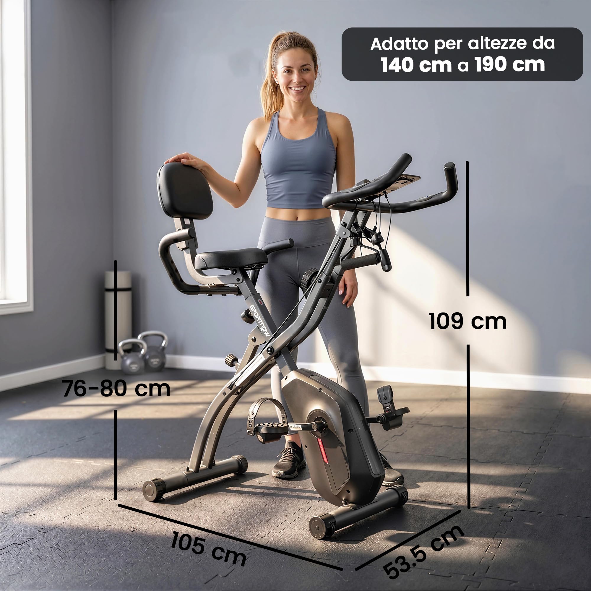 SPORTNOW Cyclette da Casa Pieghevole 3 in 1 con App Bluetooth, Cyclette da Camera con Banda Elastica, 8 Livelli Resistenza Magnetica, Sedile Regolabile, Display LCD, Sensore Cardiaco, Portatelefono