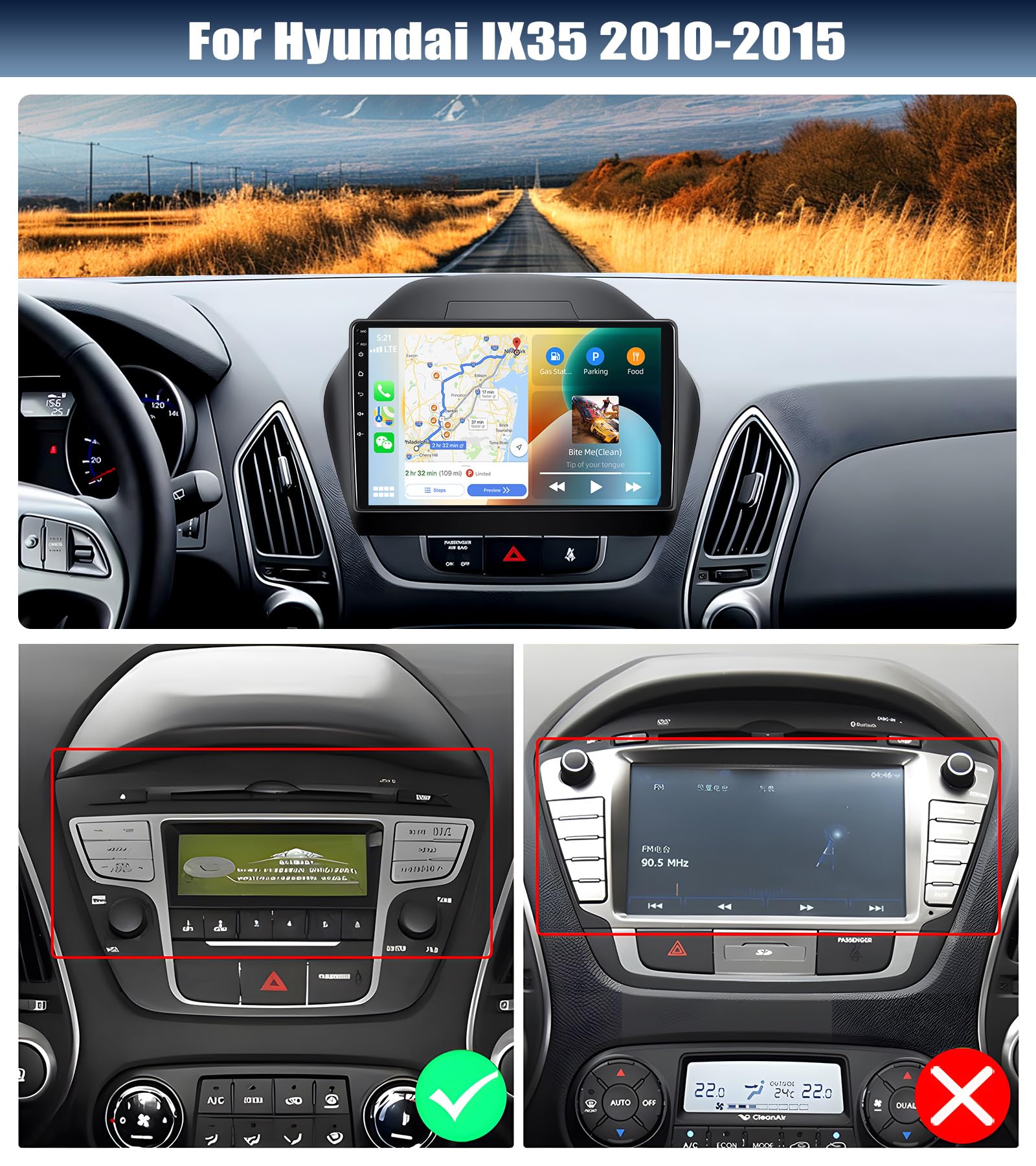 CAMECHO [4+64G 4-Core] Android 15 Carplay Autoradio per Hyundai IX35 (2010-2015), Navi Wireless Carplay, 10" Stereo 2 Din WiFi Android Auto FM/RDS Bluetooth5.0 MirrorLink +Mic+Telecamera Posteriore