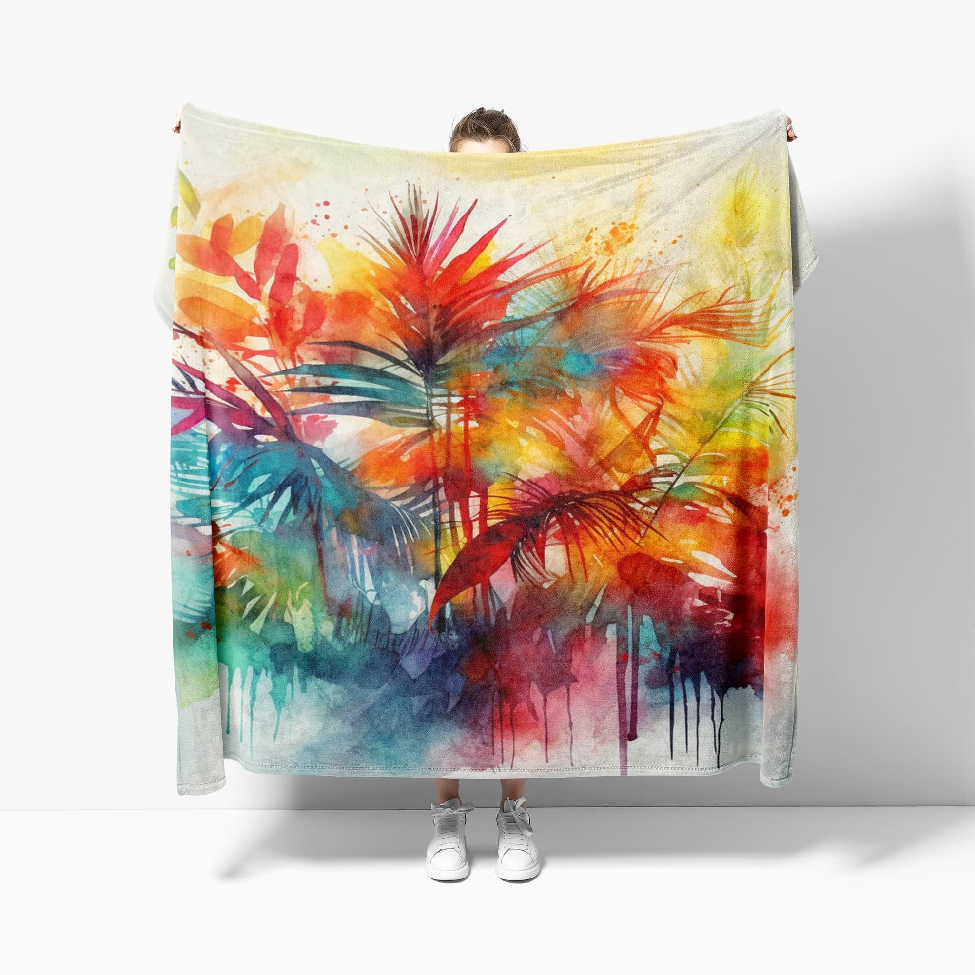 Koc do wtulania się 180 x 200 cm, XXL, akwarelowy, abstrakcyjny, botaniczny, super miękki i zimowy, ciepły koc polarowy na sofę, kanapę, łóżko, kolorowy, przytulny, przyjemny koc do mieszkania, koc na