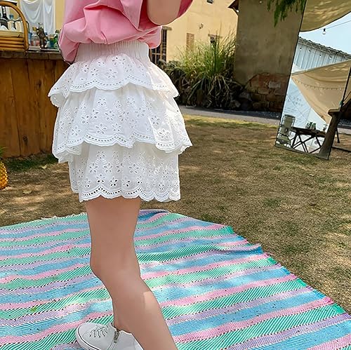 Kids Girls Layered Ruffled Short Skirt Cute Flower Patterns Elastic Waist Skort Fashion High Waisted Short Dresses(White,4-5T)