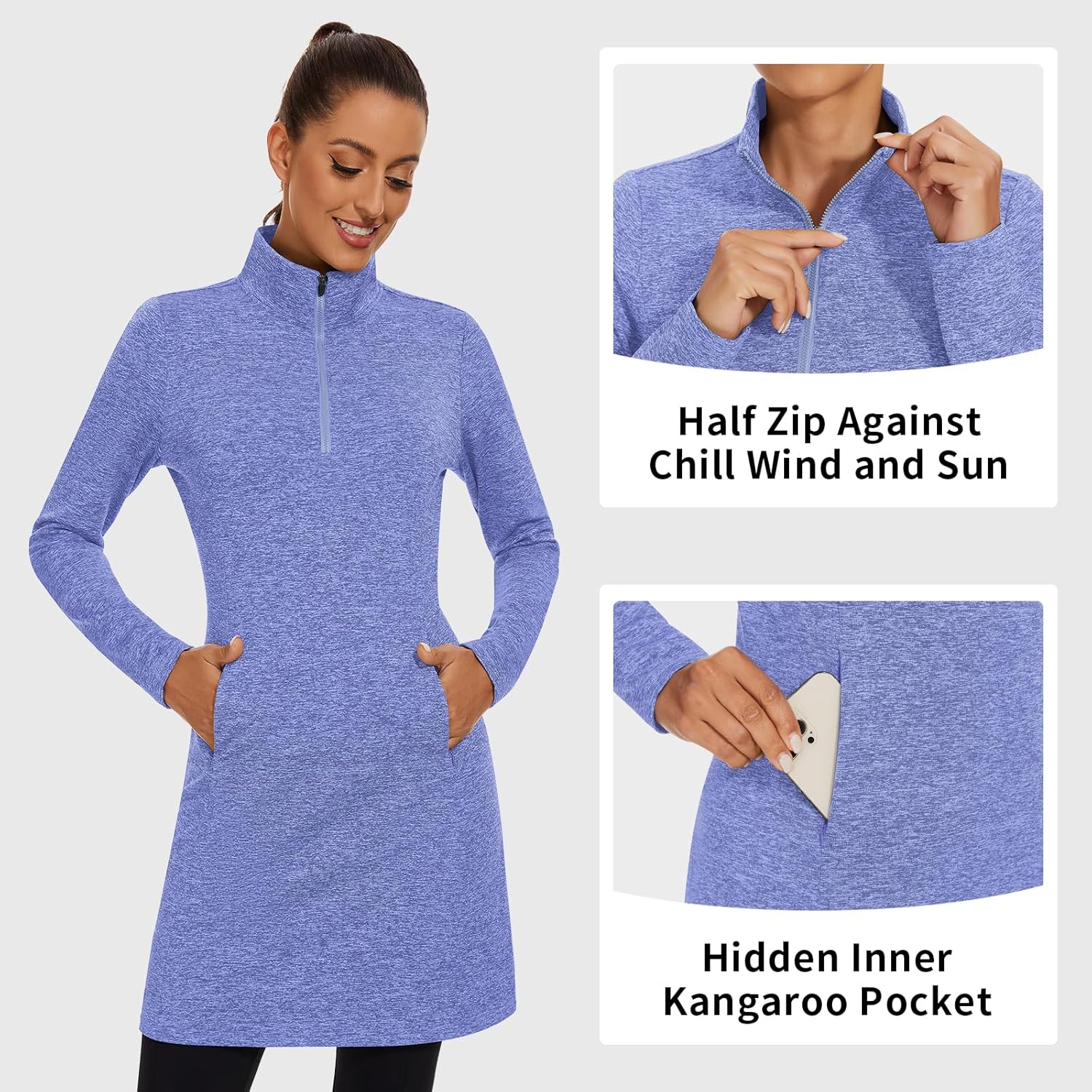 WOWENY Women's Fleece Dress Thermal Sweatshirt Tunic Dress Long Quarter Zip Pullover Polar Winter Dress with Pocket - Image 2