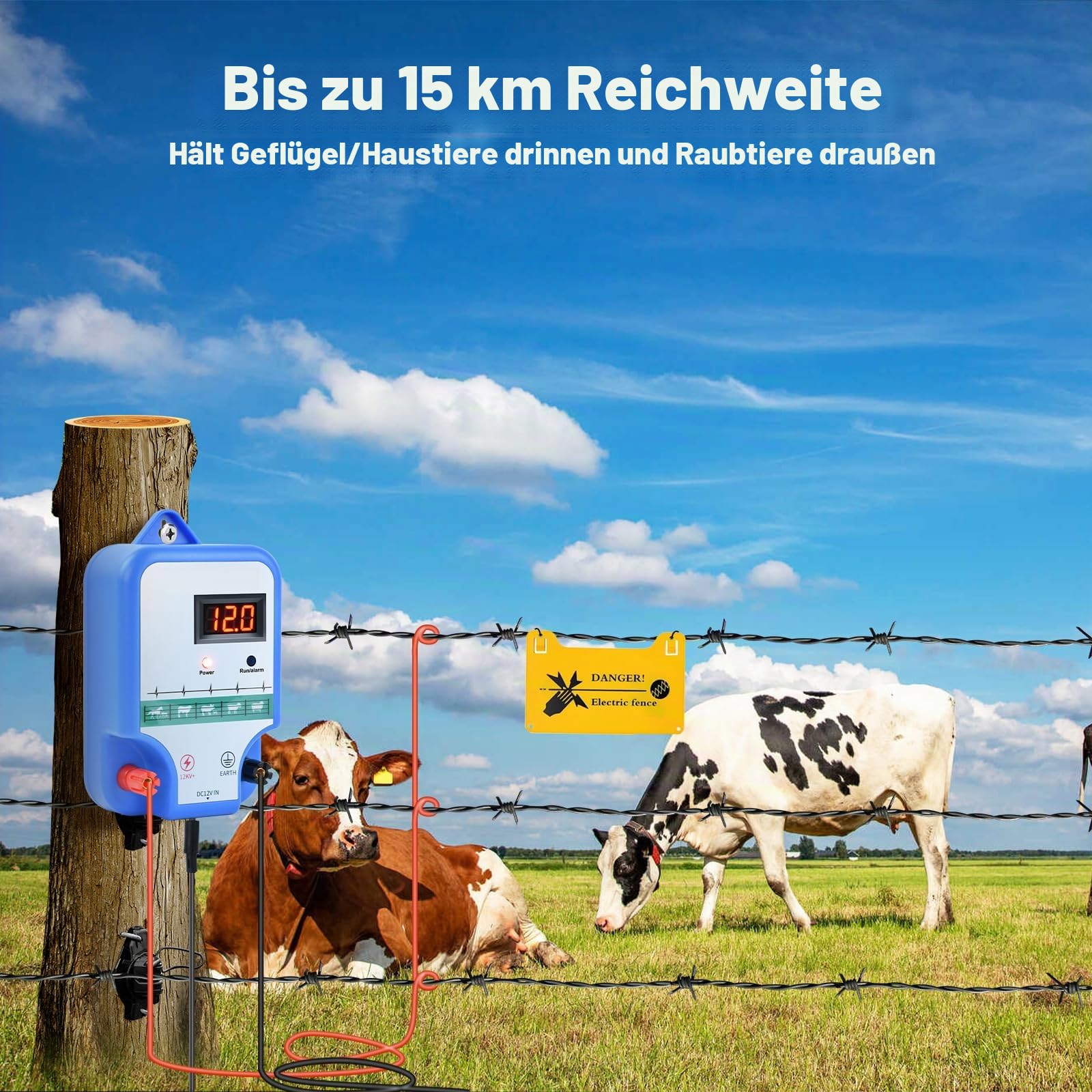 12V Weidezaungerät 2J Output für 2 bis 15 km, niedrige Impedanz Spitzenspannung 12kV für Geflügel, Vieh, Hobbytiere, Haustiere, Steuergerät zum Schutz von Gärten