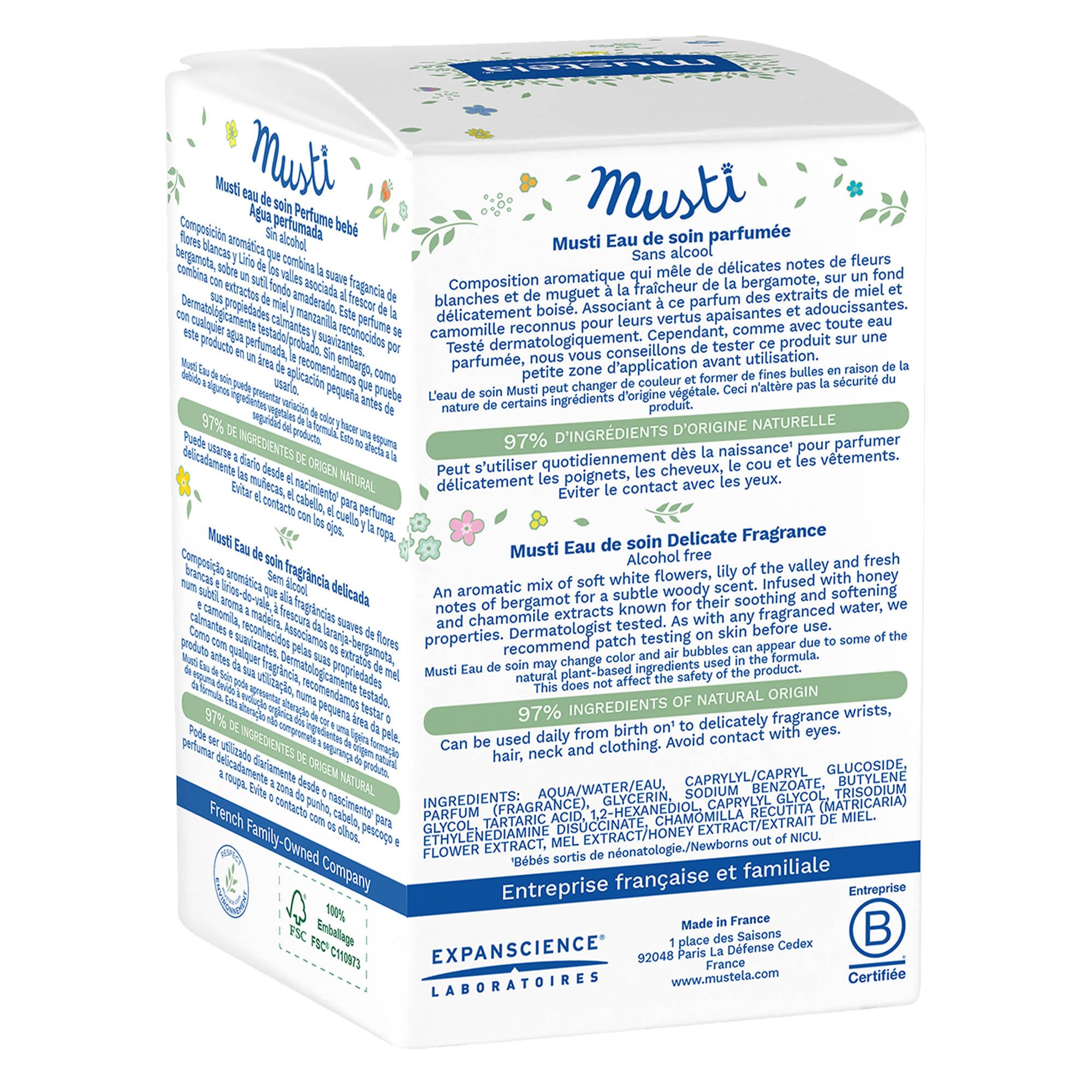Mustela Acqua Profumata Mustì Senza Alcool con Camomilla e Miele, Corpo e Capelli, Neonati e Adulti - Note Fresche di Bergamotto, Mughetto, Fiori Bianchi, 97% Ingredienti di Origine Naturale (50ml)