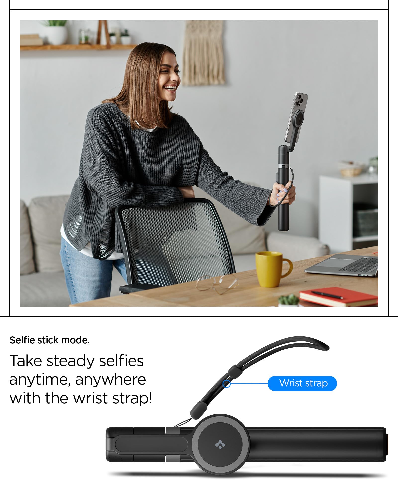 Spigen One Push Selfie Stick Statief 168,5 Cm - Automatisch Openen, MagSafe, Bluetooth, Zwart