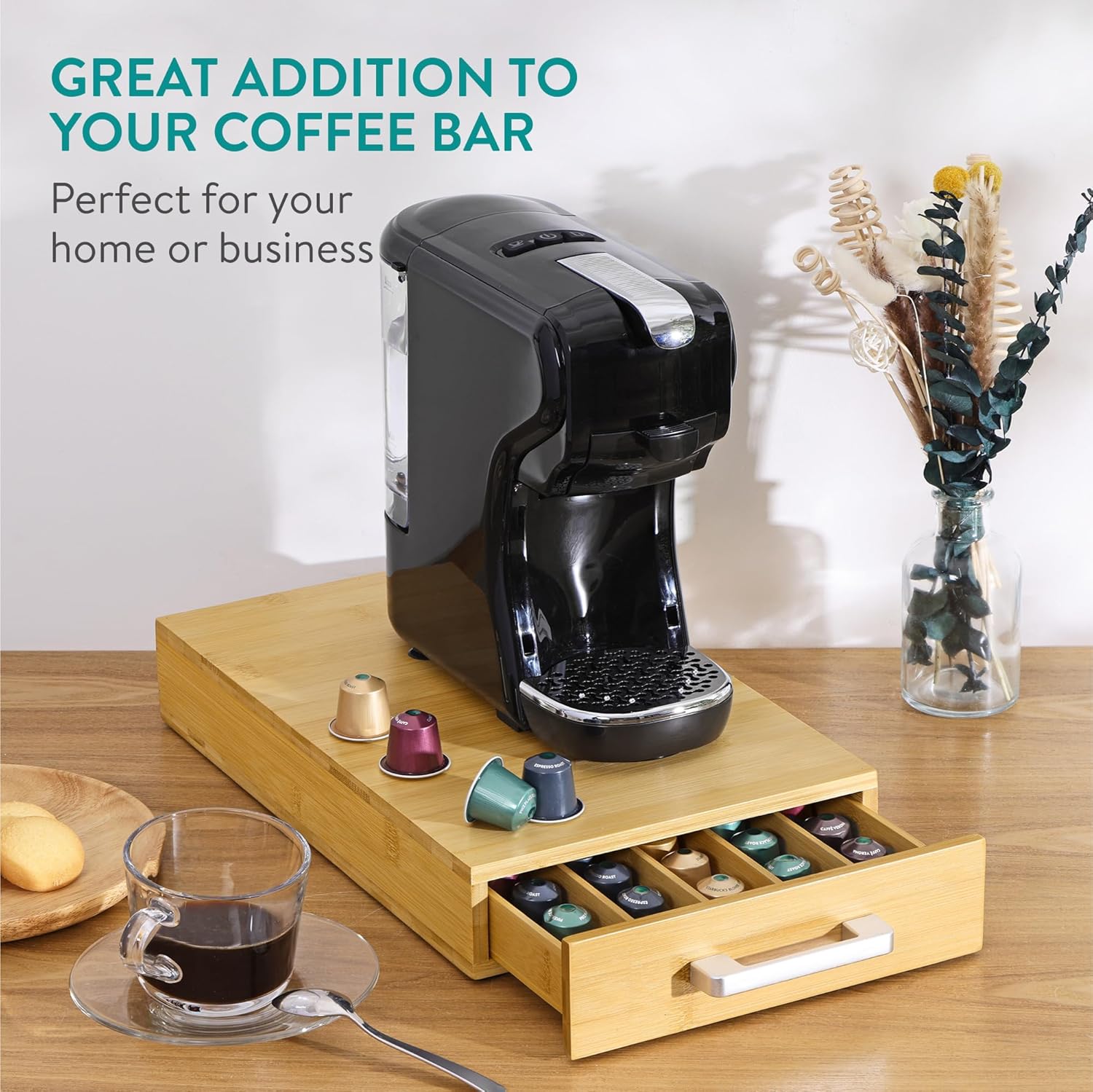 Navaris Bamboo Coffee Capsule Storage - Coffee Pods and Tea Holder Tray - Space-Saving Under Coffee Maker Coffee Machine Pod Organizer - Coffee Pod Drawer with Separators