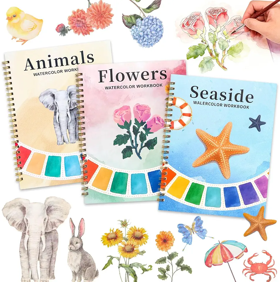 3 Pcs Watercolor Workbook – Watercolor Coloring Books for Adults & Beginners with Step-by-Step, 12 Coloring Painting Pages – Creative Exploration, Stress Relief Gift (Without Palette)