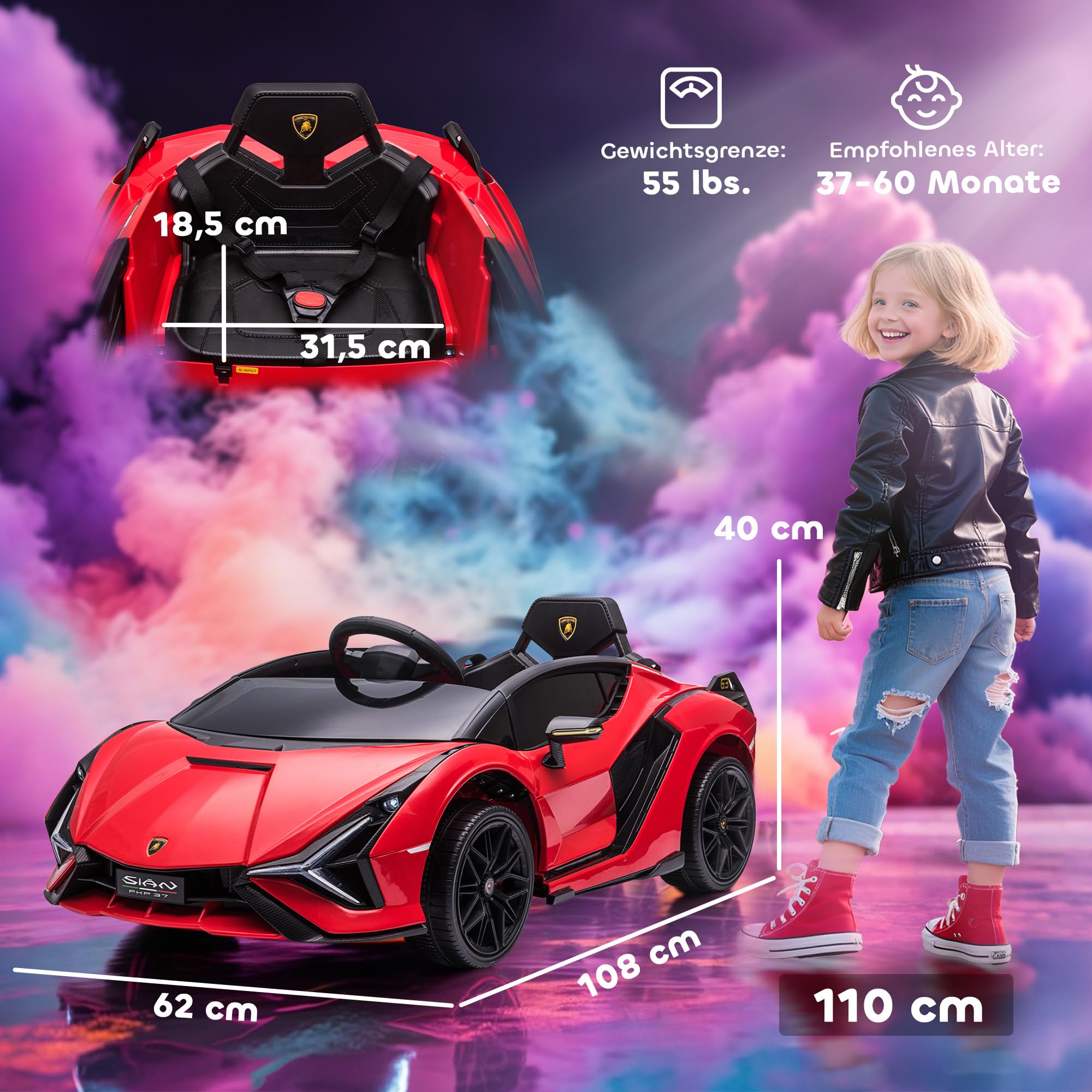 HOMCOM Kinder Elektroauto 12V Kinderauto mit 2,4 G Fernbedienung, 2 Motor, Kinderfahrzeug mit Hupe, LED, Musik, Elektrofahrzeug für 3-5 Jahre Kinder, Rot