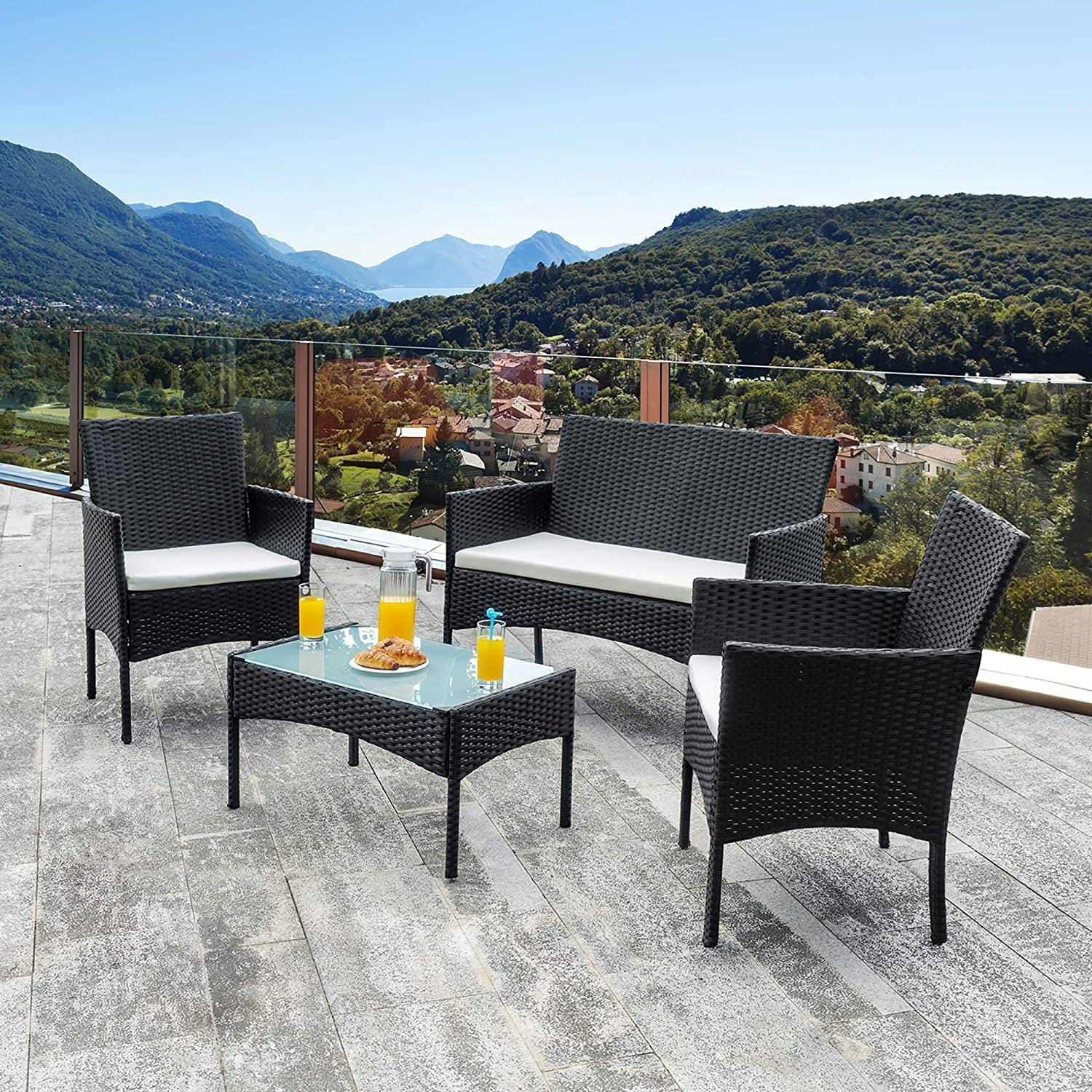 Alivio Rattan Garden Furniture Set, 4 Piece Patio Rattan Furniture Sofa Weaving Wicker Includes 1x Table, 2x Armchairs and 1x Double Seat Sofa (Black) โ image 1