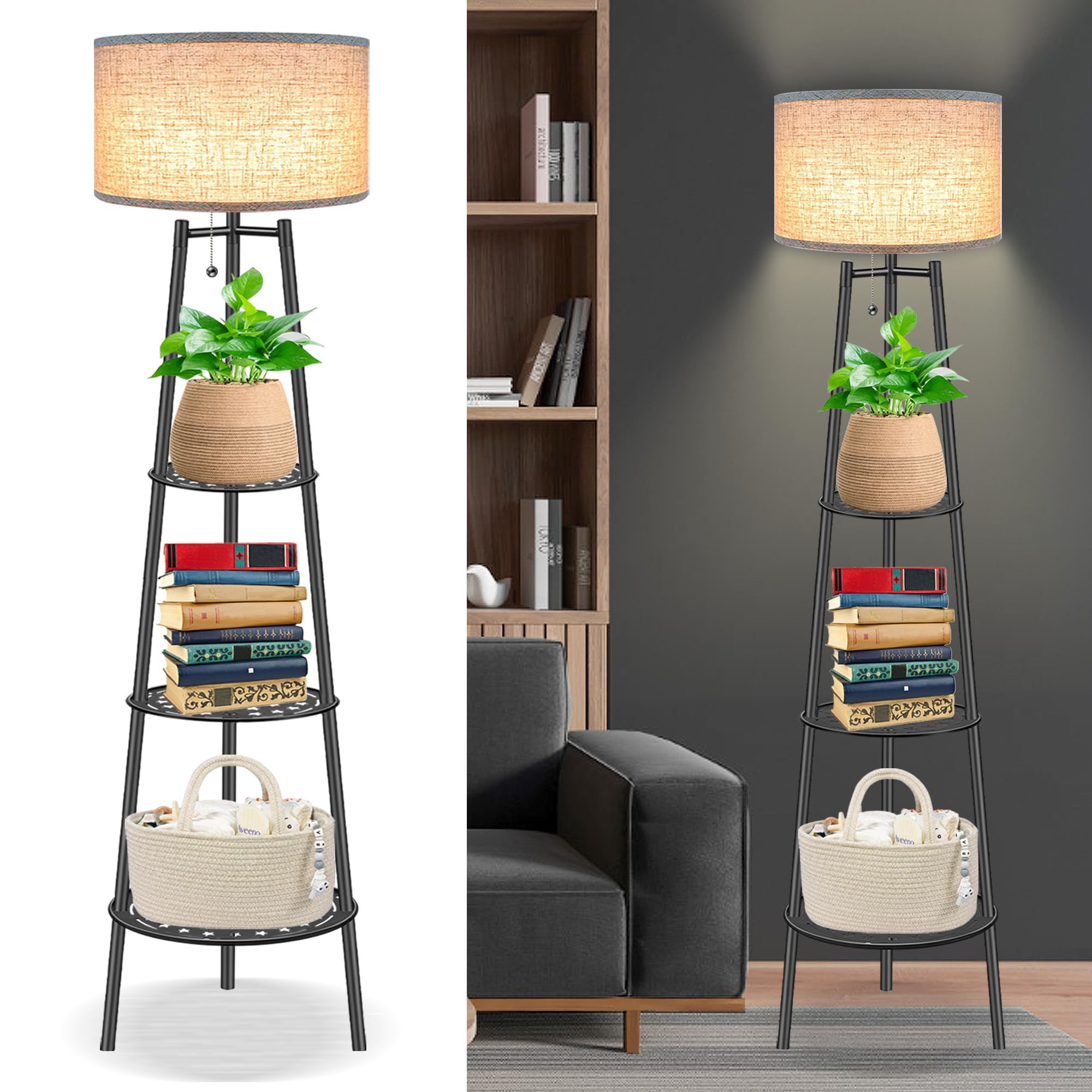 Floor Lamp with Shelves for Living Room? Standing Lamp?Tall Lamp? Amparas Elegantes para Sala with Linen Shade?Modern Floor Lamp for Living Room?Bedroom or Office?Black Floor Lamp?