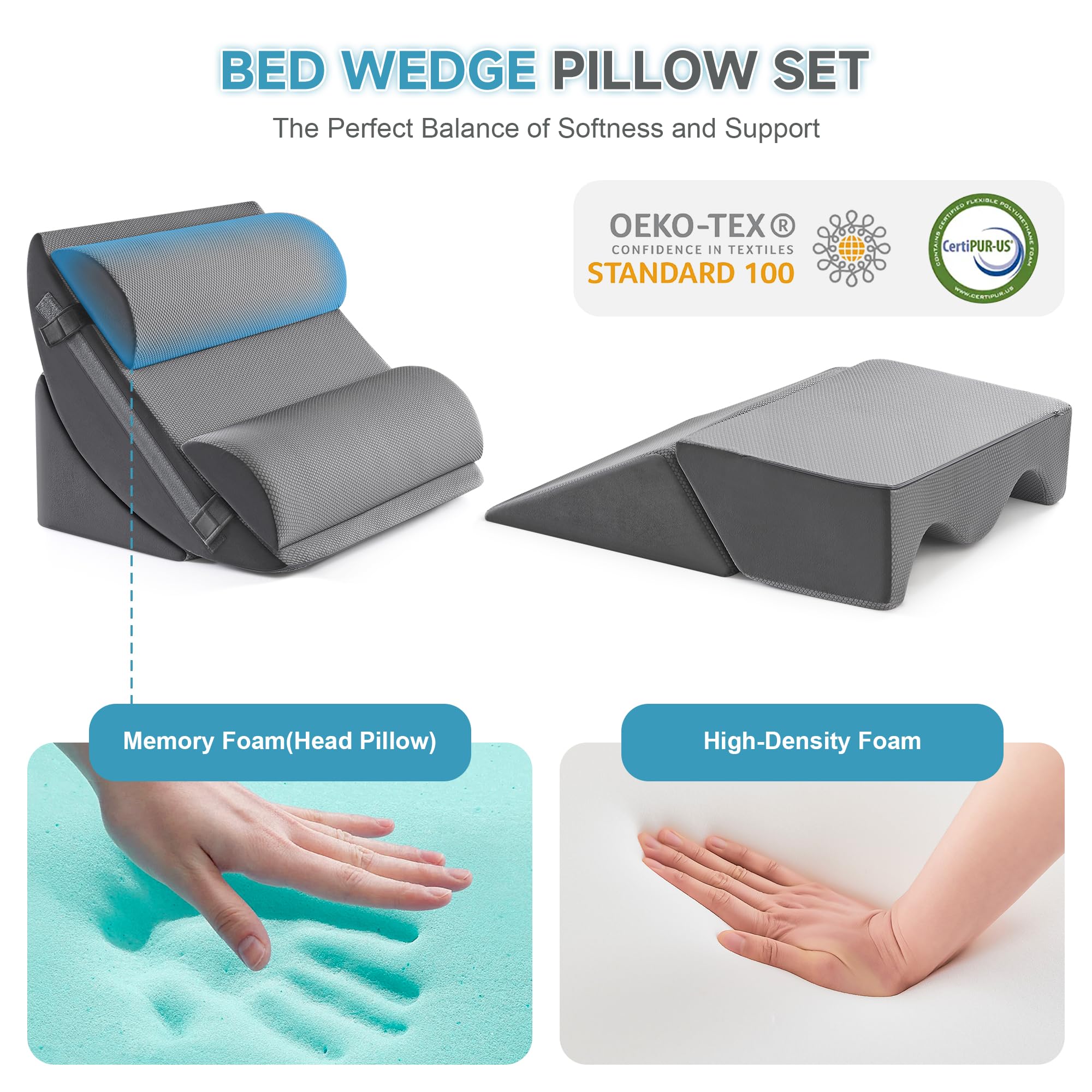 Ensemble d'oreillers 6 pièces, mousse de mémoire pour le sommeil, oreillers ergonomiques réglables, lit confortable et oreillers de canapé pour la lecture, la télévision et la détente, sombre