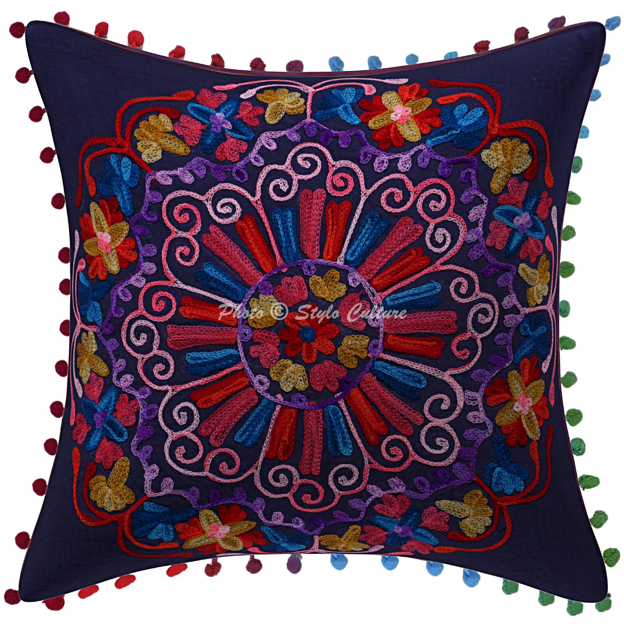 Ethnisch Dekorativ Baumwolle Sofa Kissenbezüge 40x40 cm Dunkelblau Dekokissen Suzani Bestickte Pom Pom Spitze Wohnzimmer Couch Kissenhullen Blumen Quadrat Kissen Bezüge - 4 STK.