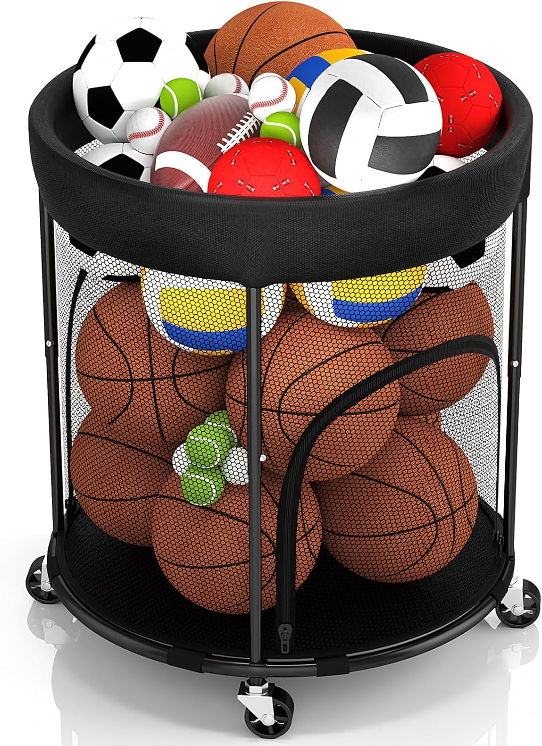Ball Storage, Basketball Holder Ball Rack Basketball Organizer Bin 2 Side Opening Ball Cart with Wheels Sports Equipment Organizer Ball Organizer for Garage Room Gym Indoor & Outdoor
