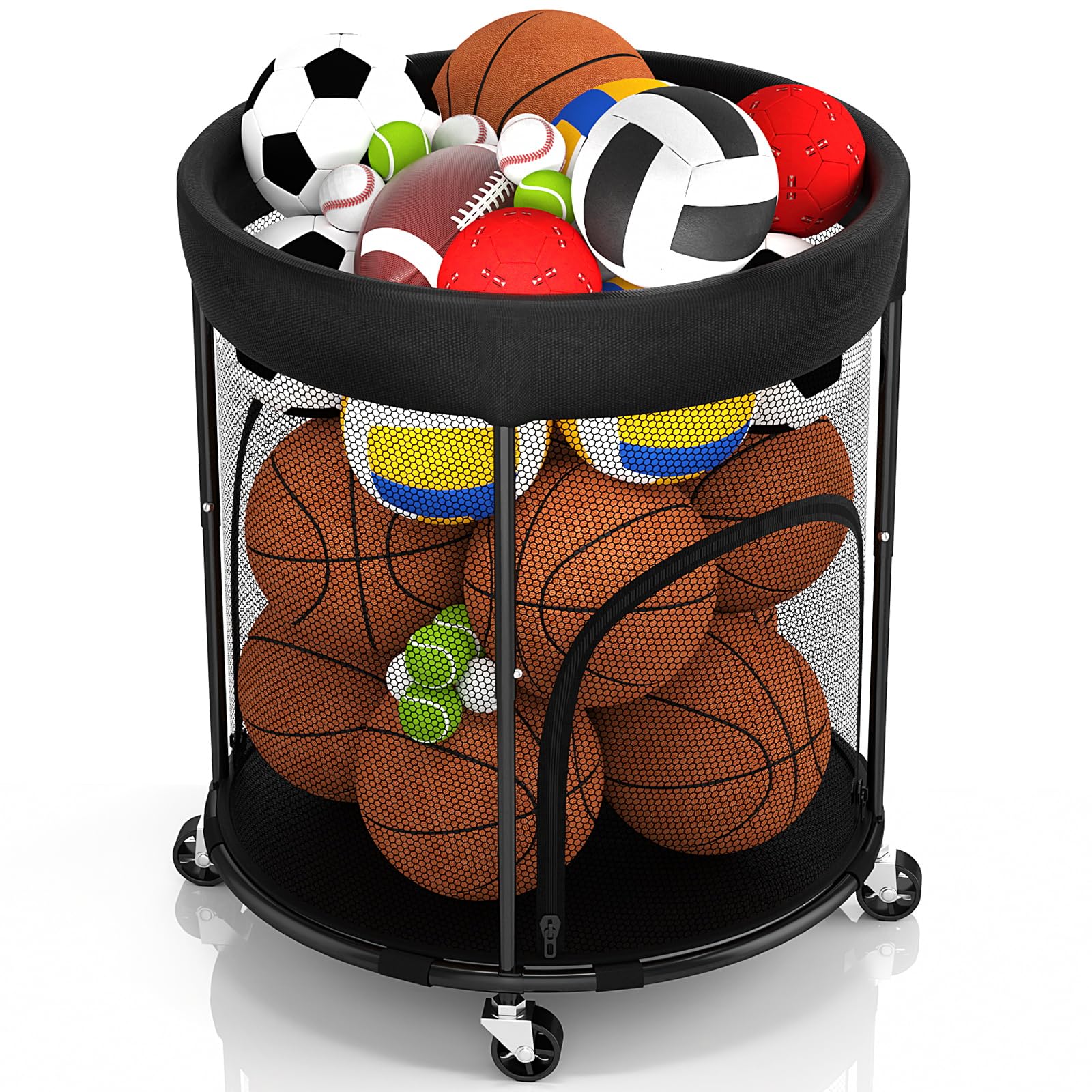 Ballaufbewahrung, Garage, Sportausrüstung, Organizer, Basketballhalter, Ballregal, Basketball-Organizer, Spielzeug-Aufbewahrung, Ballwagen mit Rädern, seitlichem Reißverschluss, einfacher