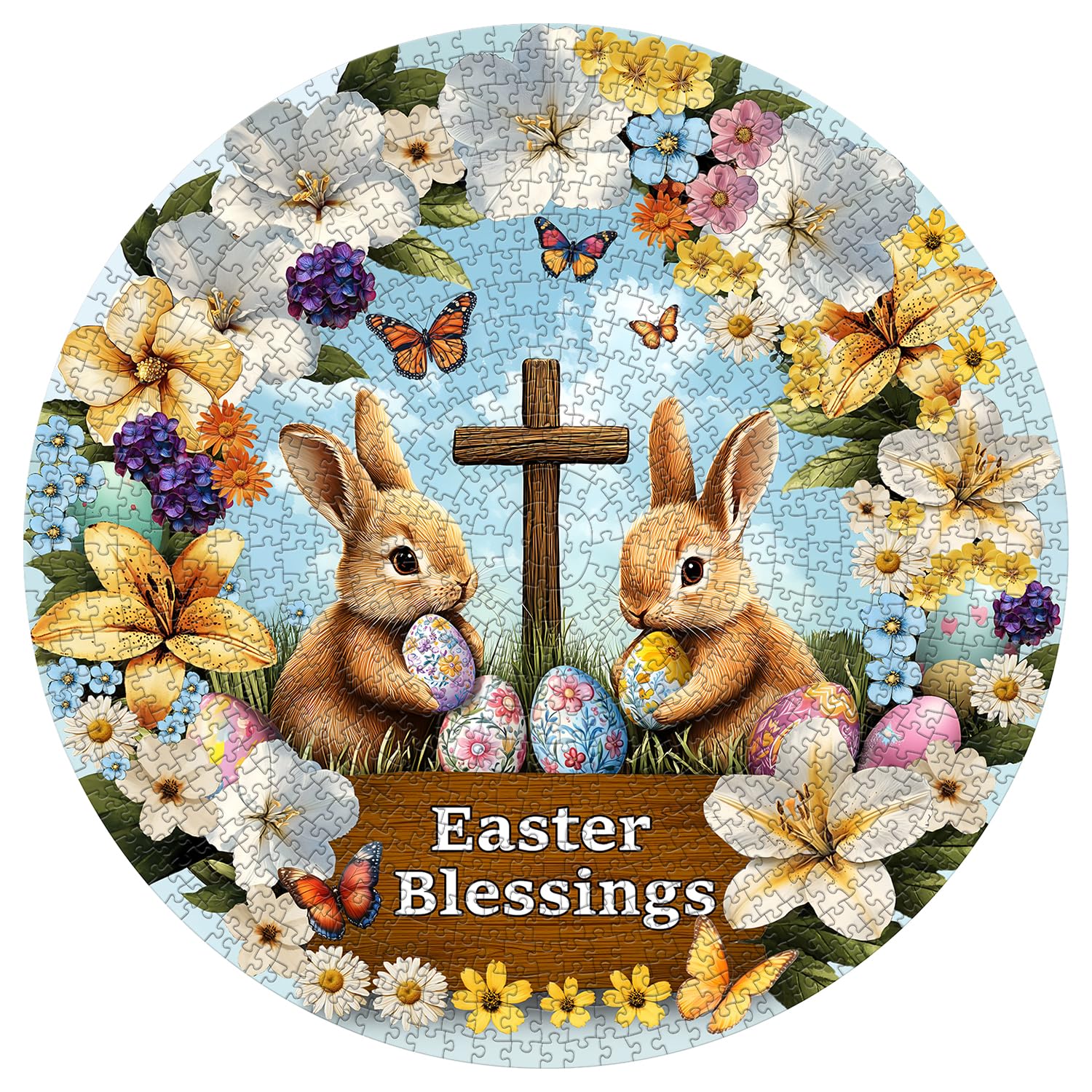 PICKFORU Easter 1000 Piece Jigsaw Puzzle - Round Flower Bunny & Cross Eggs Design, Spring Floral Puzzle For Adults, 26.8 X 26.8 Inches - View #8