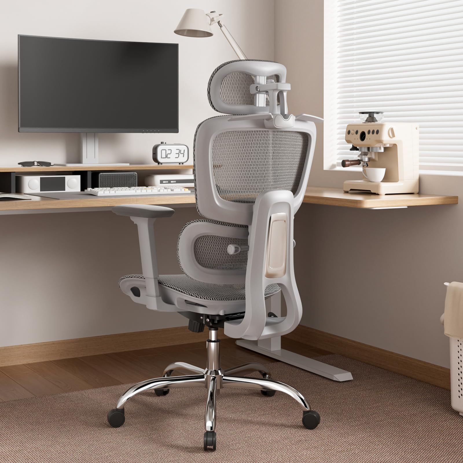 LarkLeaves Silla de Oficina Ergonómica con Reposapiés Gris L10 Pro | Malla transpirable, soporte lumbar 2D, respaldo ajustable, reposabrazos 3D, inclinación 145 grados, ruedas goma