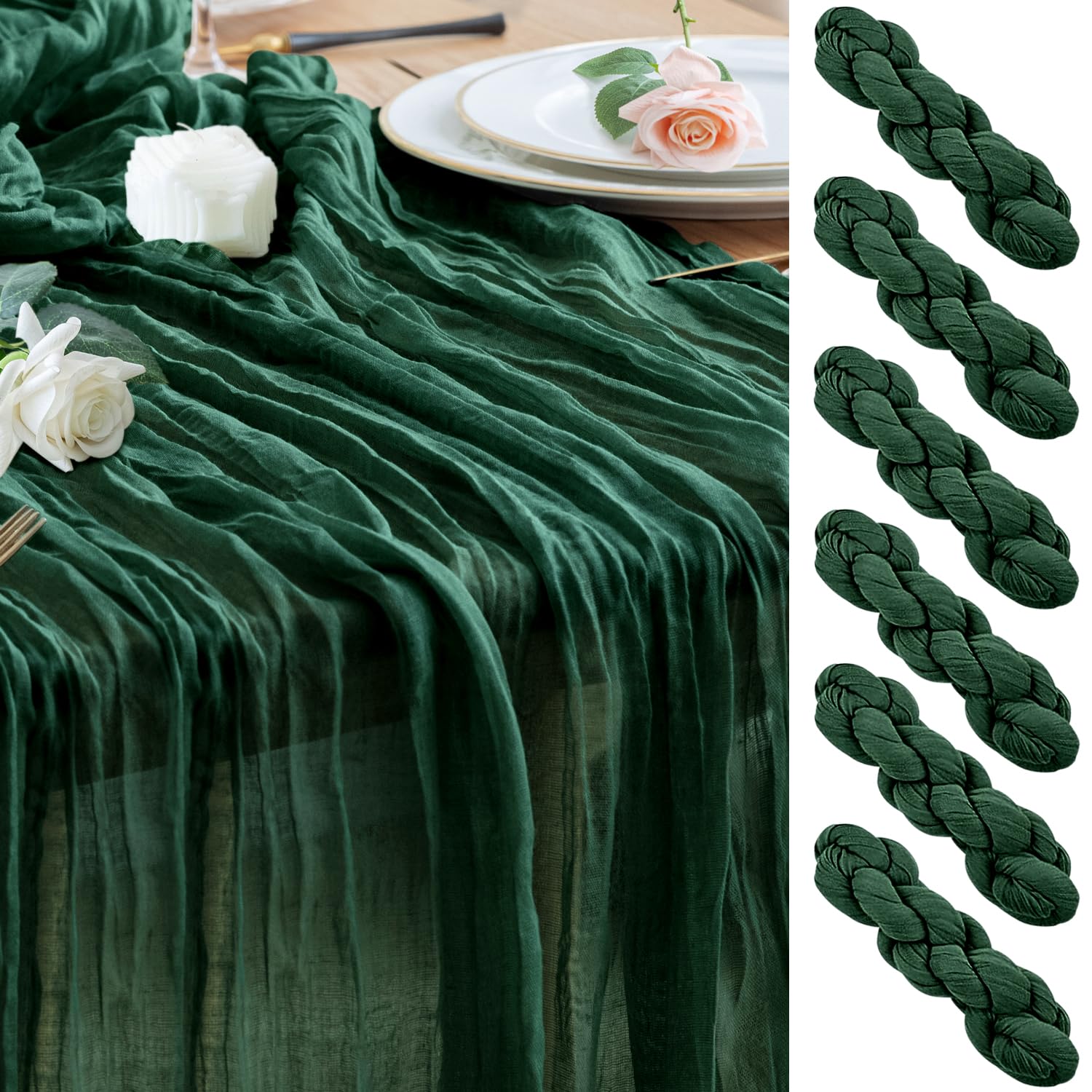 Wokceer Cheesecloth Table Runner 6Pack 10FT Emerald Green Christmas Gauze Cheese Cloth Table Runner for Party Long Rustic Sheer Table Runners for Baby