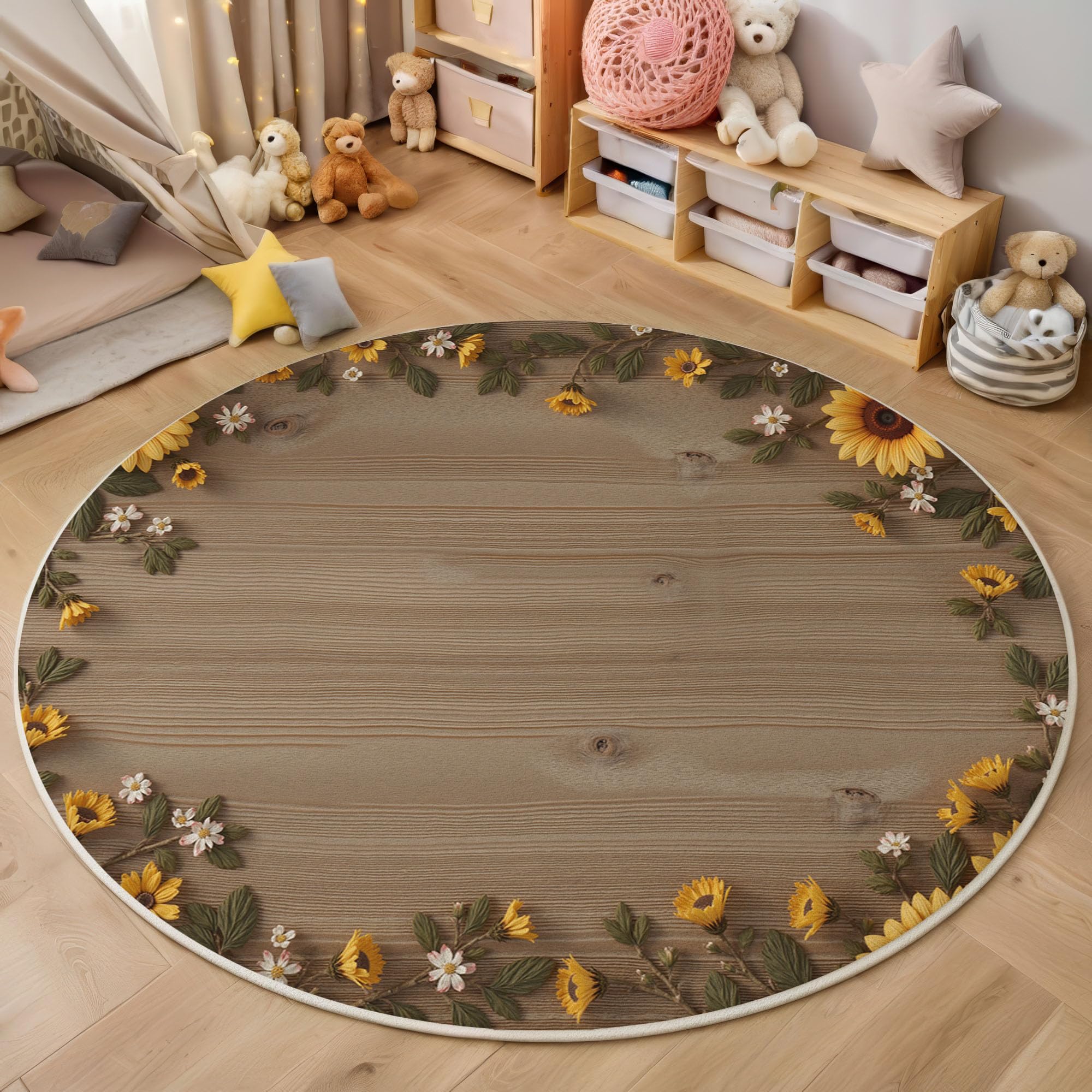 Landhausstil Waschbarer Runder Teppich 150cm, Pflegeleicht rutschfest Natürlich Sonnenblumen Holzmaserung Teppich, Kurzflor Gelb Teppiche für Schlafzimmer Badezimmer Eingangsbereich Kinderzimmer