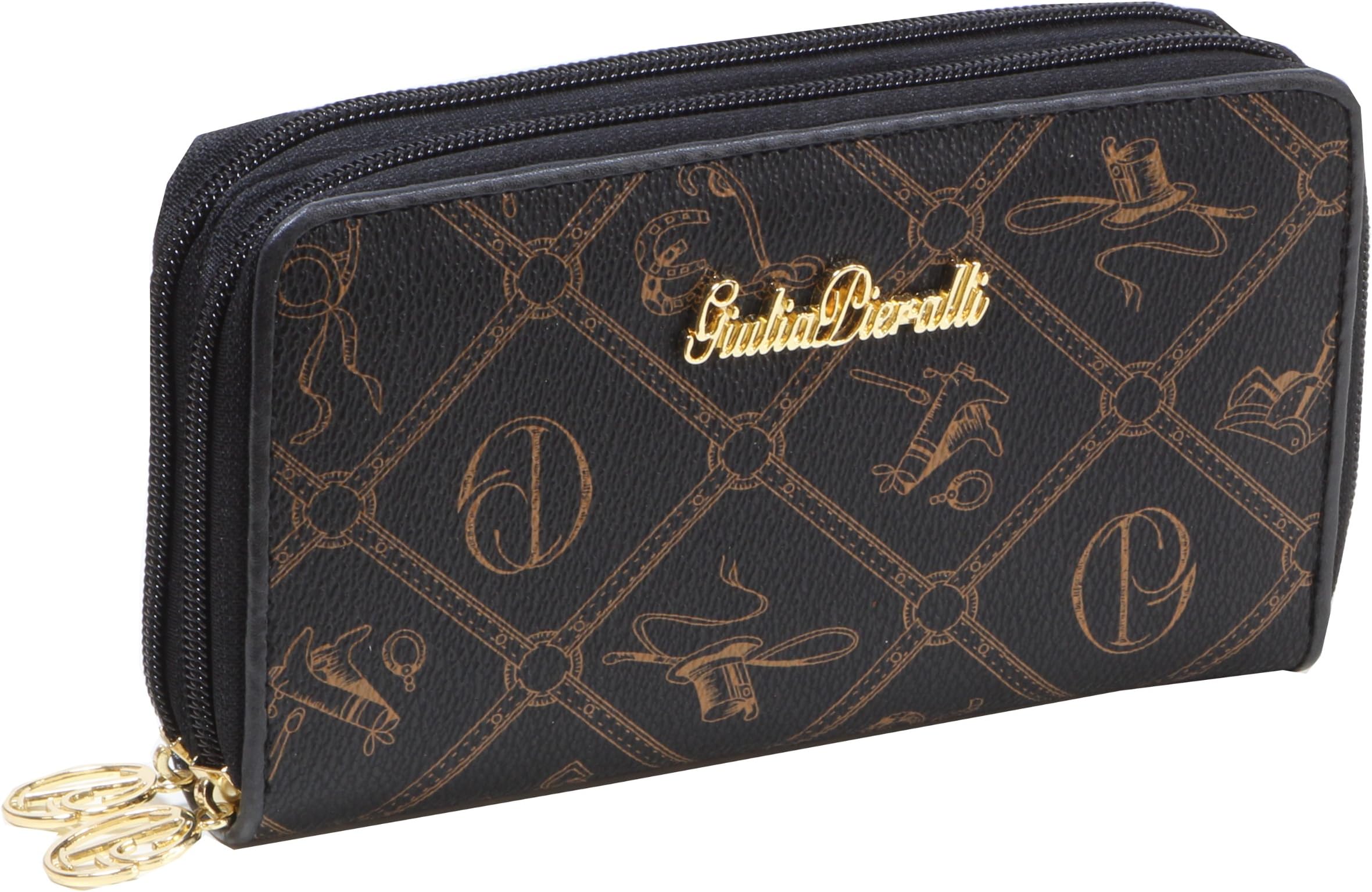 Lyonna Purse Long Format Wallet with Two Zips Black Brown All Over Pattern Print L x H x D 18 x 10.5 x 3.5 cm