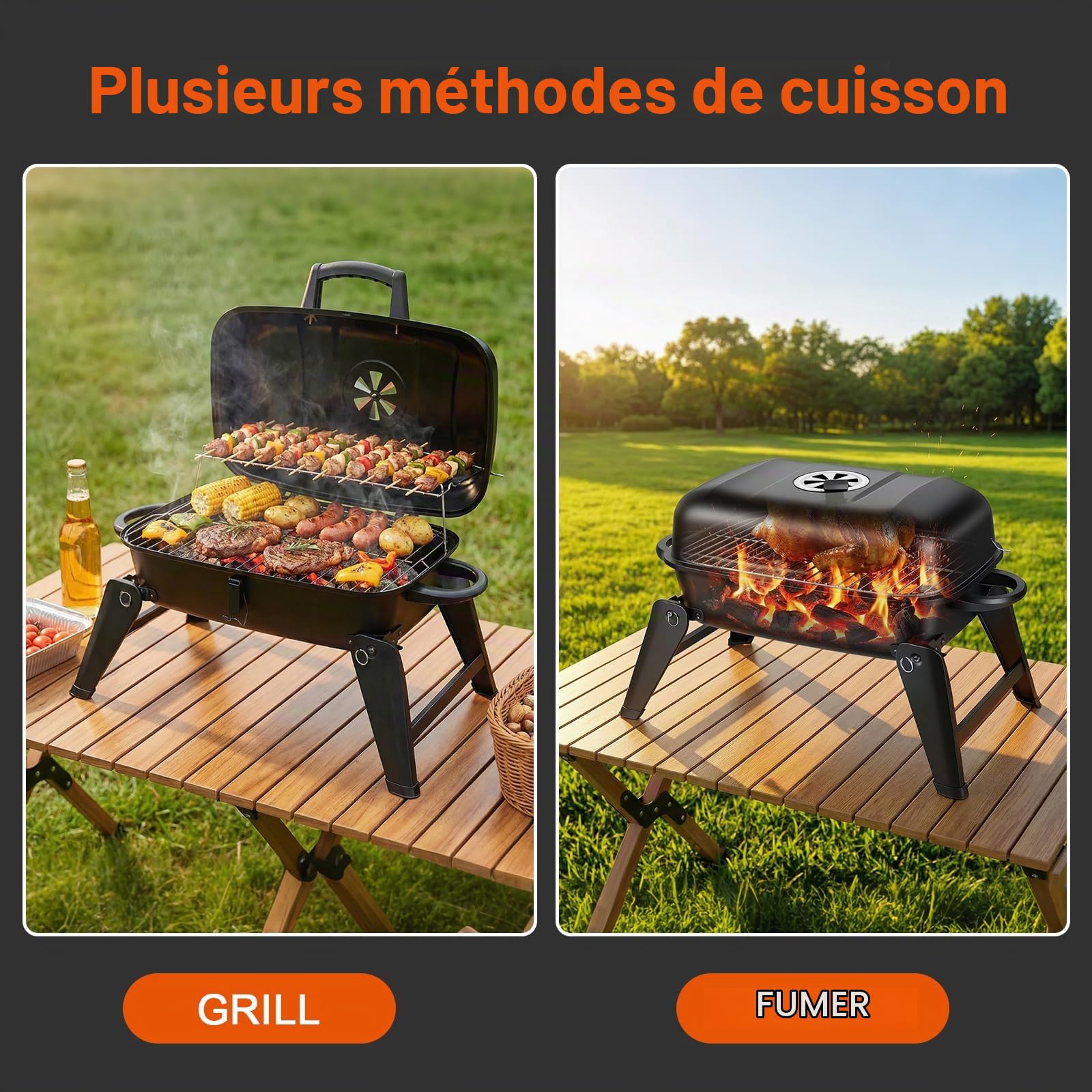 ERWEY Barbecue de camping, portable au charbon de bois, de table, 2 en 1, fonction barbecue et four, barbecue pliable avec poignée en bois pour le camping et le jardin, noir