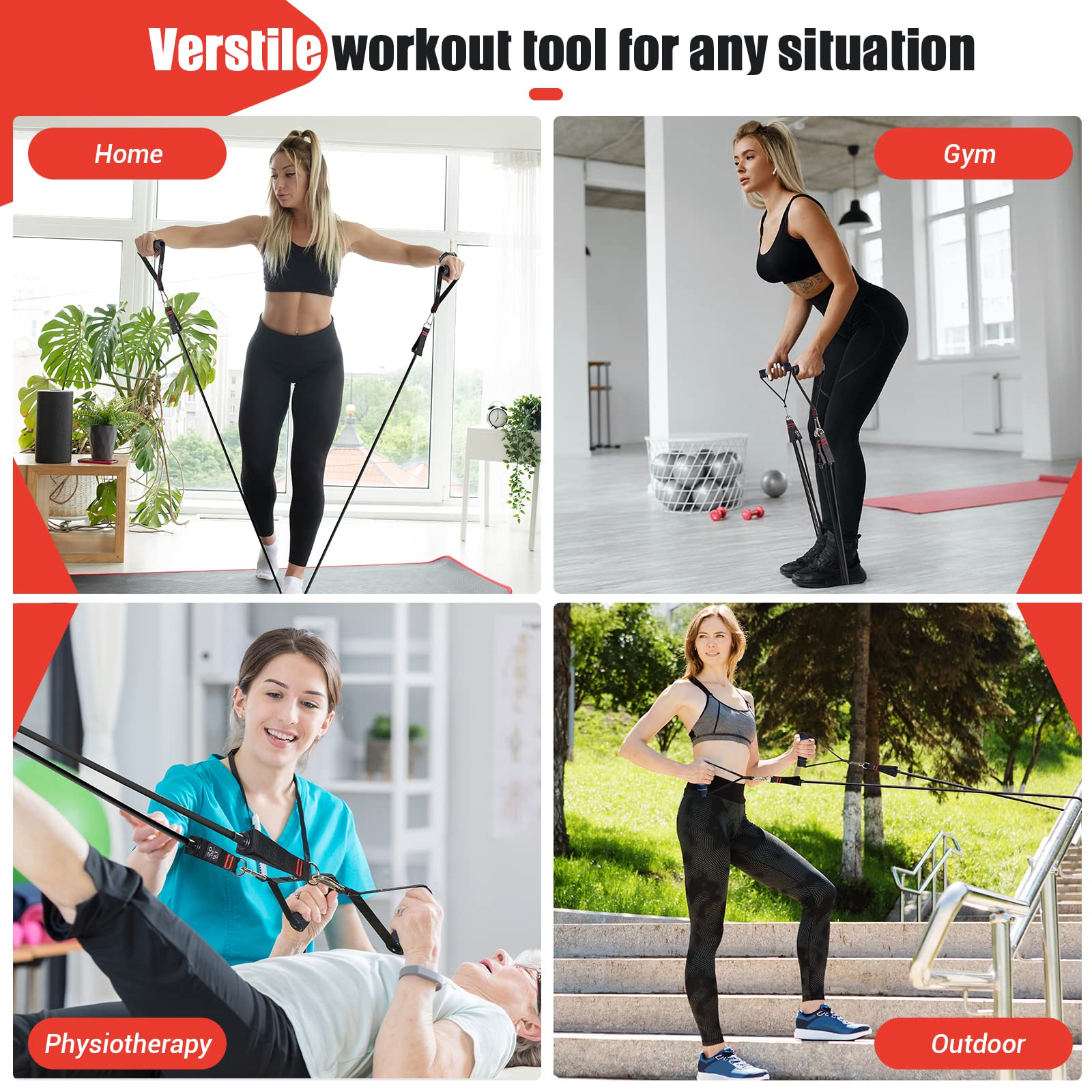 Bandas de resistencia con asas para mujer, bandas de ejercicio de 5 niveles (10-100 libras) para terapia física, yoga, pilates, anclaje de puerta, bolsa de almacenamiento (negro)