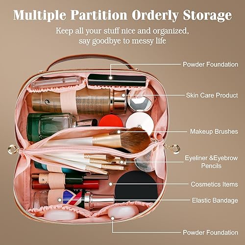 Miniatura 3 de bolsa de maquillaje de viaje de gran capacidad para mujeres, bolsa de cosméticos impermeable de pu portátil, Marrón, A la moda