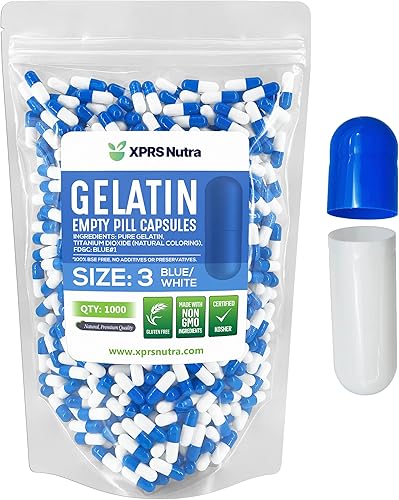 XPRS Nutra Cápsulas vacías de tamaño 3  1000 cápsulas vacías de gelatina  Pastillas de relleno de cápsulas de bricolaje  Cápsulas de gel de píldora