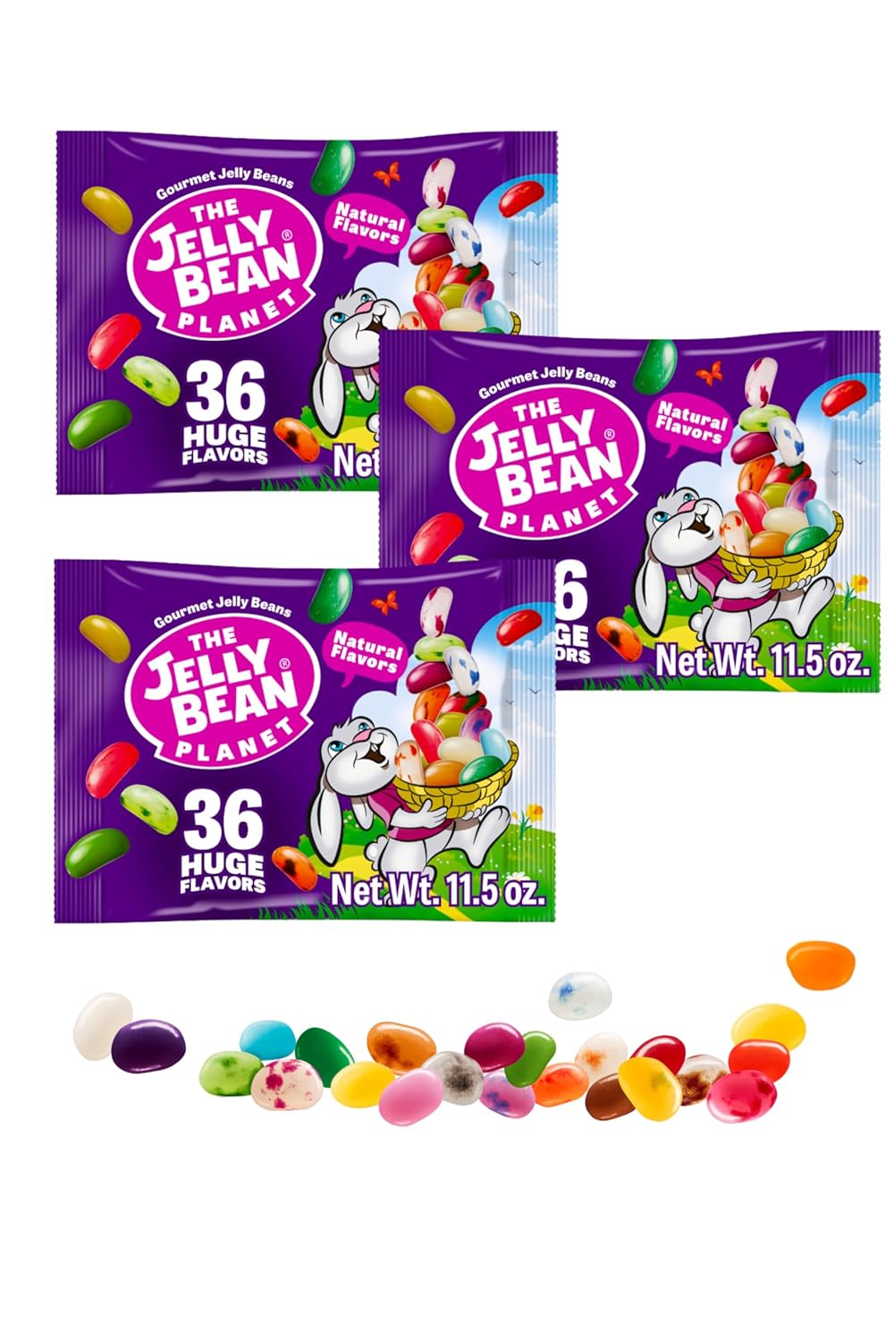 The Jelly Bean Planet Easter Jelly Beans, Pack of 3, 11.5 oz x 3 - Gourmet Jellybeans with 36 Natural Fruit Flavors, Gluten Free, Fun Easter Candy Gift in Bunny Design Bags, Basket Stuffers & Gifting