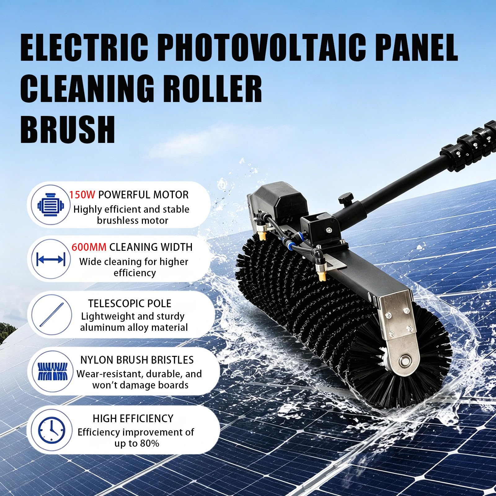 Palo Limpiacristales con Agua y Electricidad – Cepillo 60cm Giratorio 350rpm, 10m, asta telescópica Aluminio, Protector Agua – Limpia Placas solares, Autocaravana, tejado 3.5m-Oneset