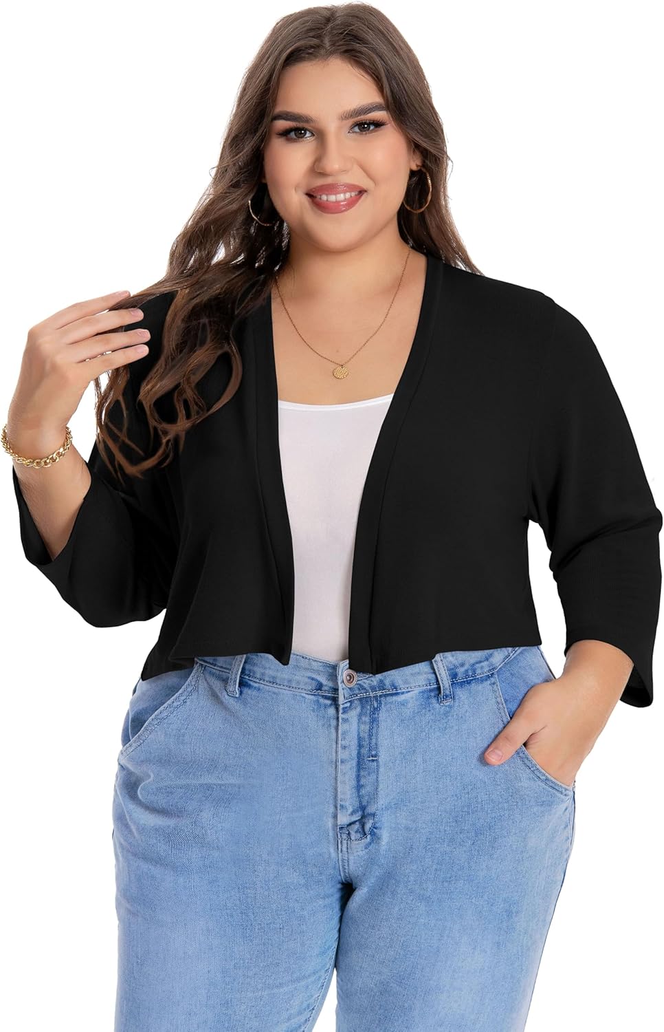 Plus Size Shrugs for Women 3/4 Sleeve Cropped Cardigan Knit Sweaters Open Front Bolero - Image 7