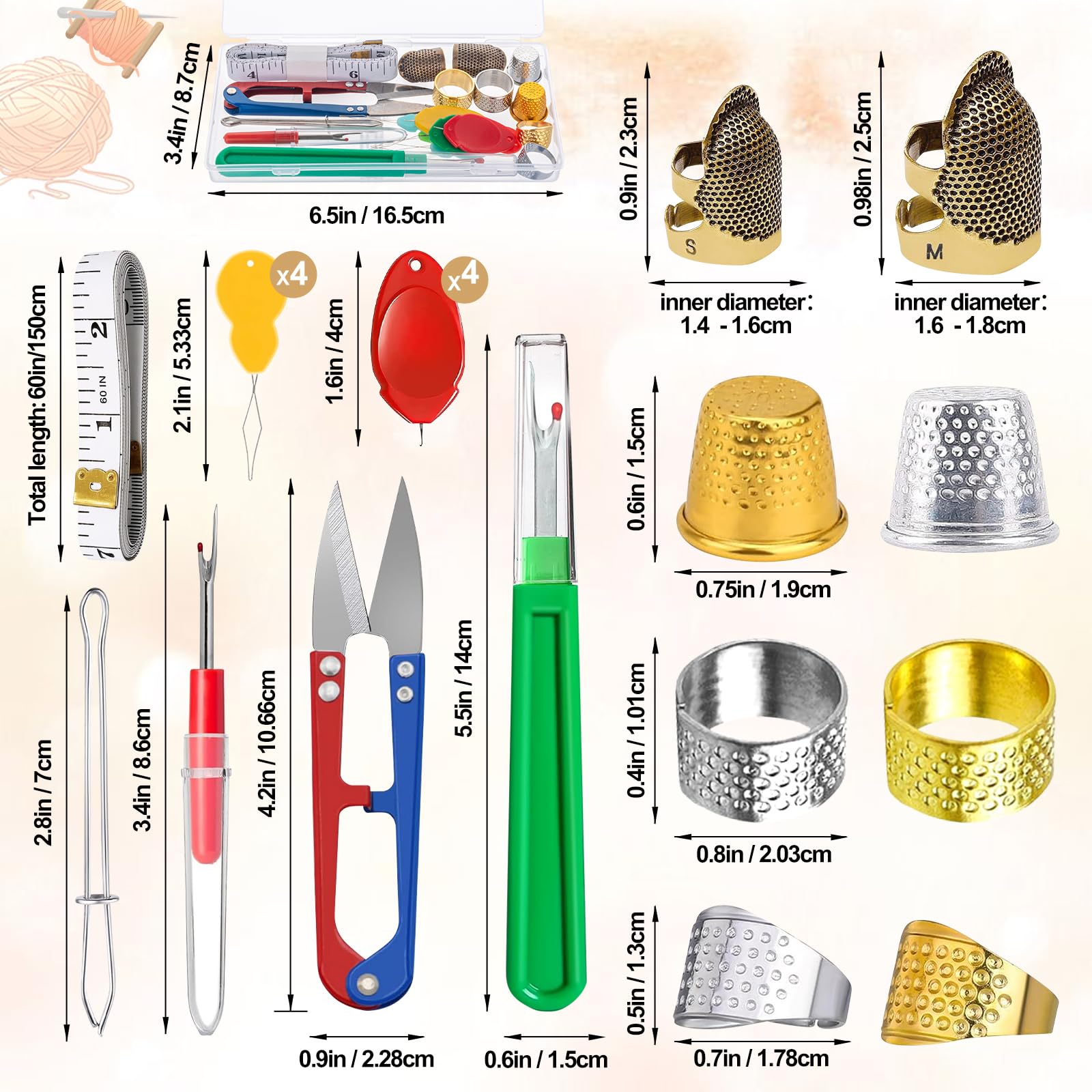 CousDUoBe Sewing Thimble Kit,thimbles for Hand Sewing?Needle threaders?Seam Rippers for Sewing?Measuring Tape and Thread Snips, Hand Embroidery Craft?Complete Sewing Kit?