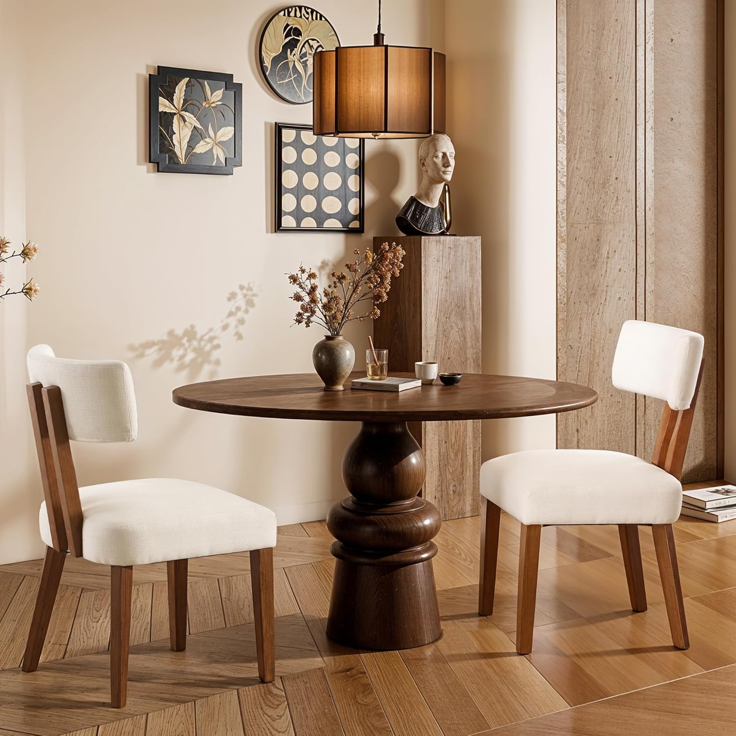 MOJAY Dining Chairs Set of 2, Mid Century Modern Kitchen Chairs Farmhouse Linen Fabric Side Chairs with Curved Backrest for Kitchen, Dining Room, Restaurant, or Patio, Off-White