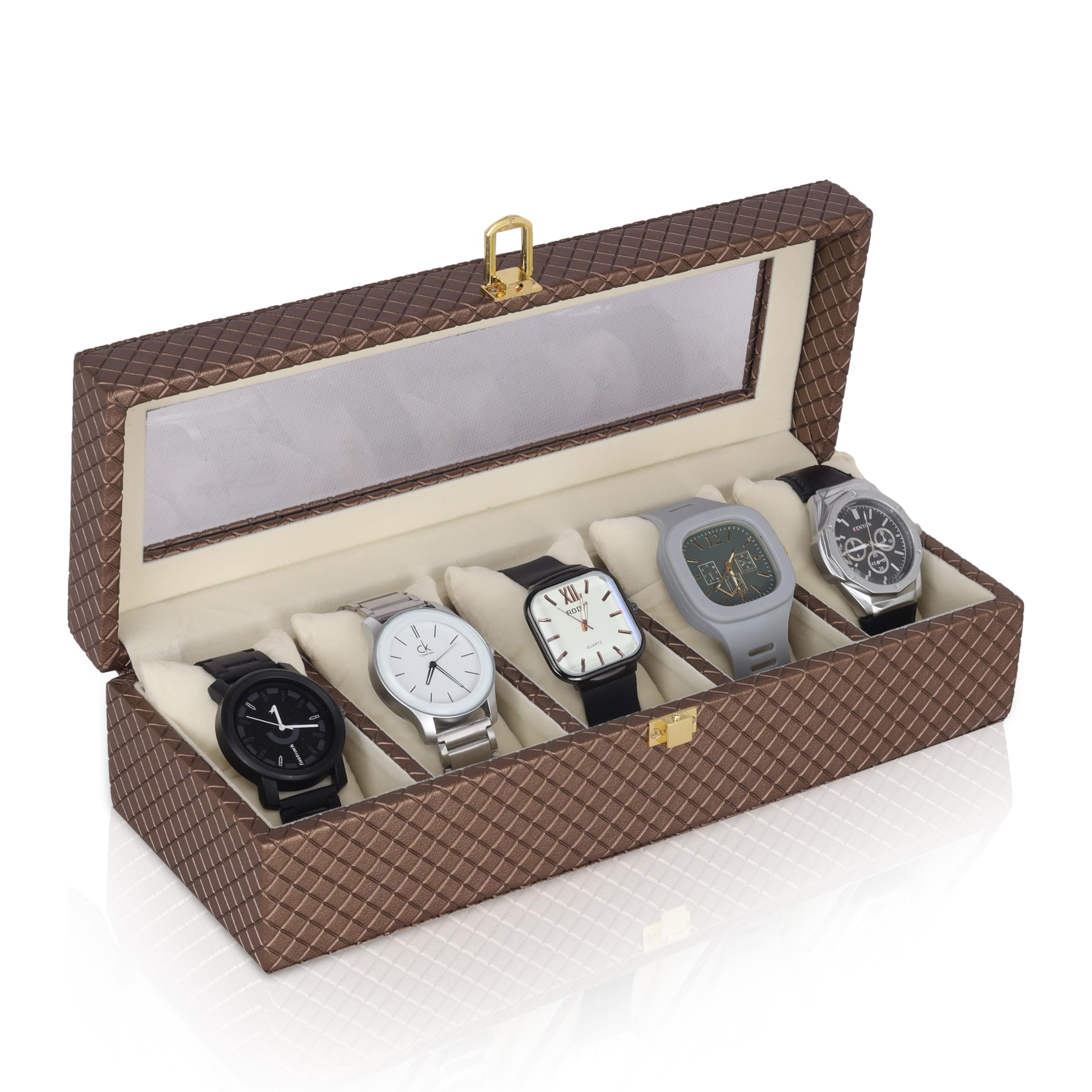 Aqsa PU Leather 5 Slot Watch Case Box for Men and Women Ultimate Watch Box Organizer with Soft Pillow Transparent Display Watch Case Holder for Travel (Brown Colour) (B0CL6RSQ4D) Amazon Price History, Amazon Price Tracker