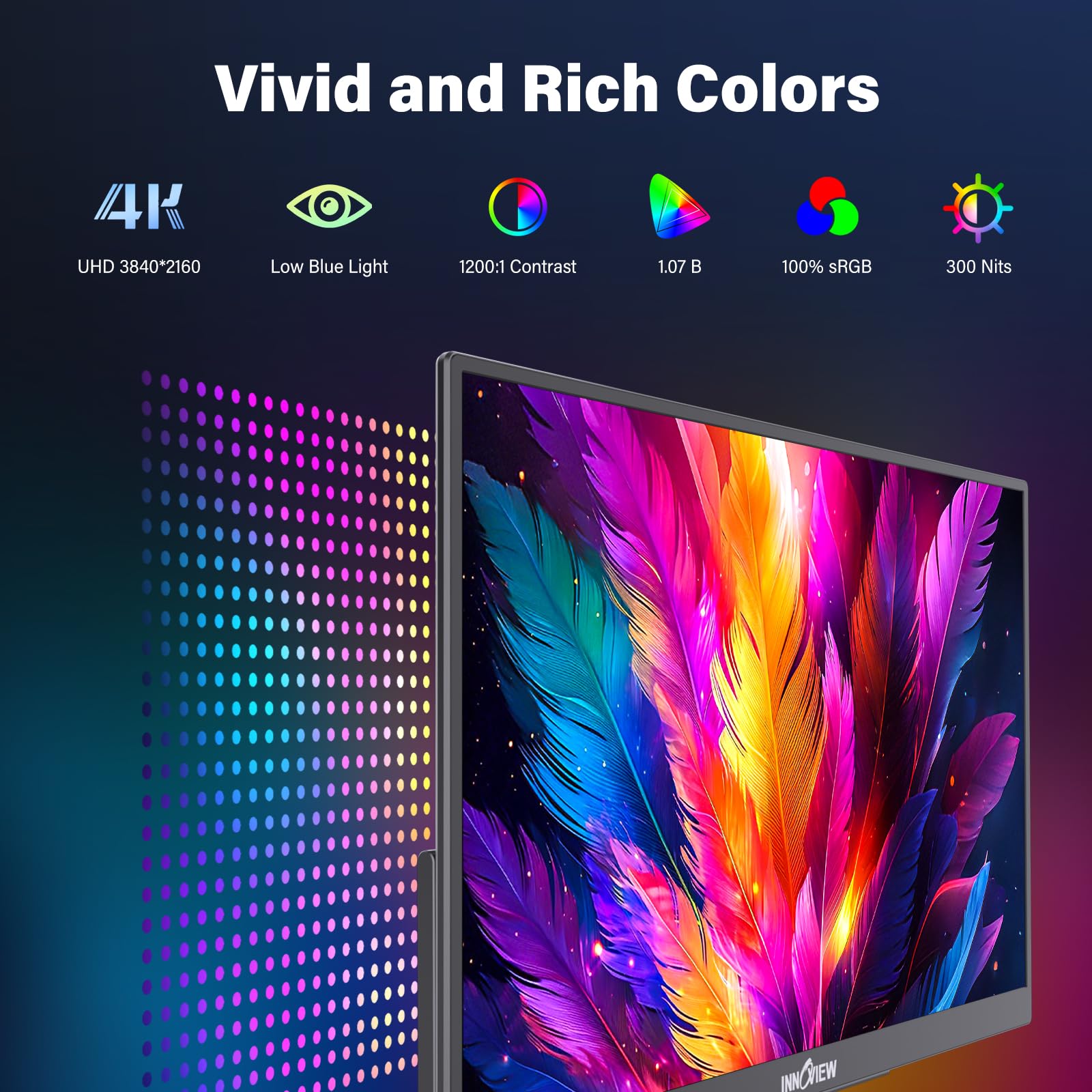 InnoView 15.6" Portable Monitor 60Hz 4K UHD 3840x2160 | 100% sRGB HDR | Travel Monitor with 2 USB-C & HDMI Ports | Second Screen for Laptop Mac PC Xbox PS5 Switch (Includes Adapter) — view 3