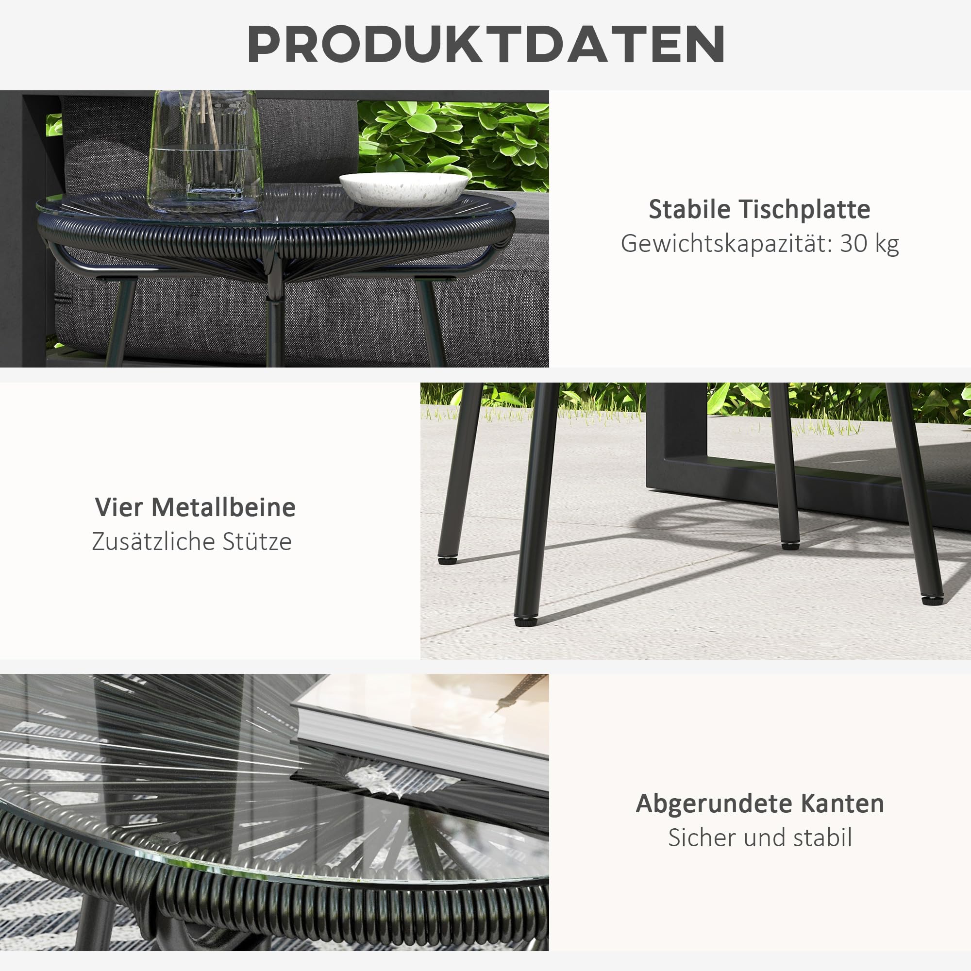 Outsunny Ratten Beistelltisch, Bistrotisch, Kaffeetisch mit Glastischplatte, Runder Gartentisch, für Terrasse, Balkon, Schwarz, 50 x 50 x 50 cm