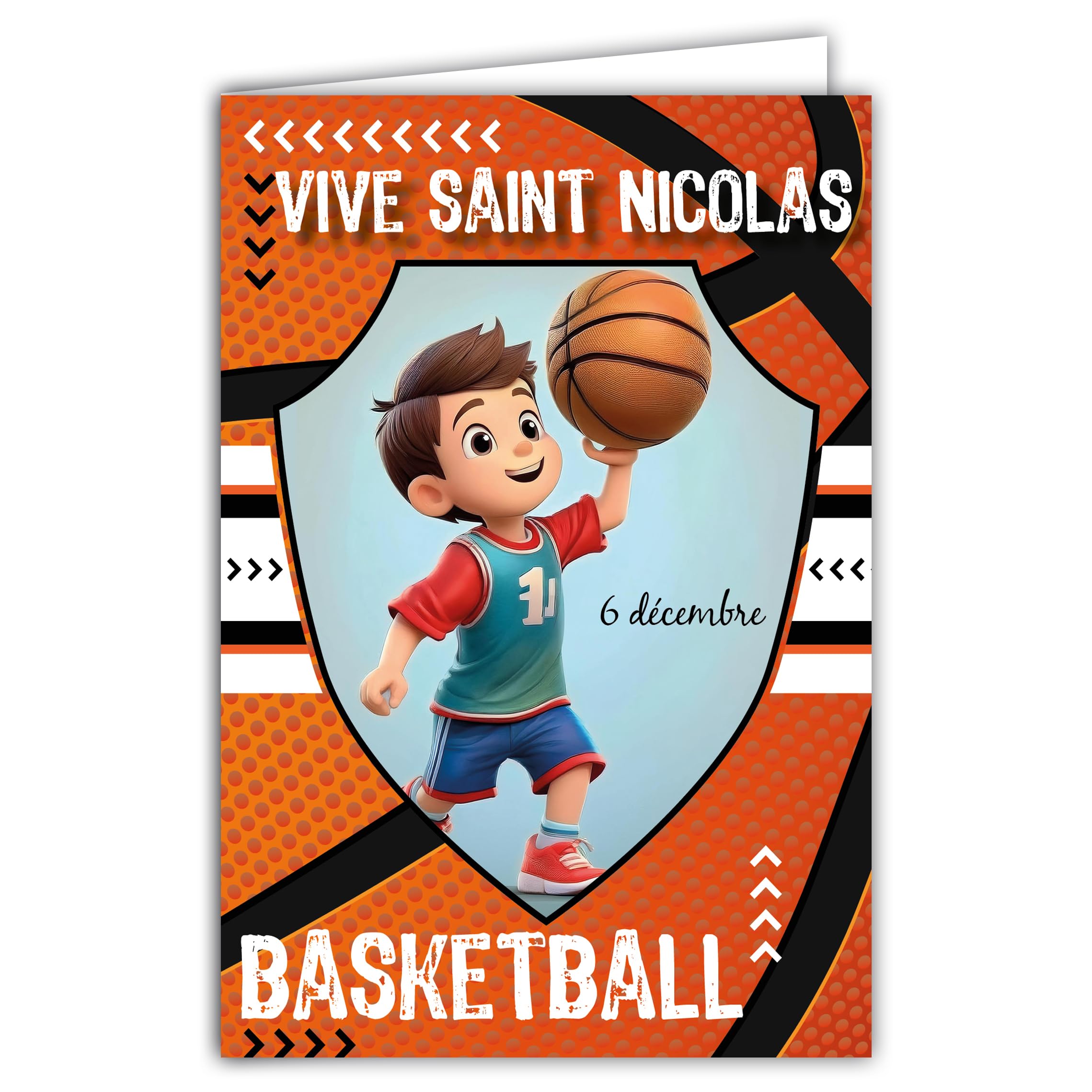 AFIE Saint Nicolas Basketball Greeting Card, Format 12 x 17 cm, Modern Illustrated Style, Orange and Blue, with White Envelope, Made in France
