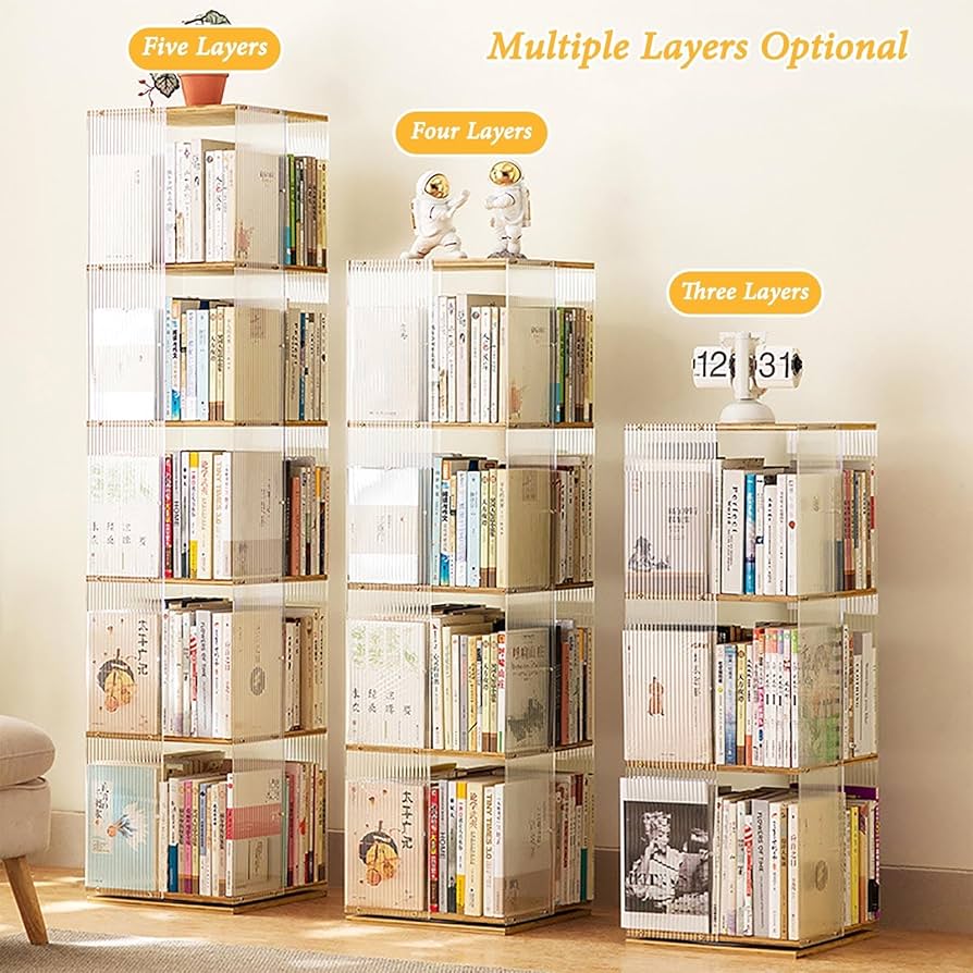 Amazon｜竹製 360°本棚 透明 回転式本棚 3/4/5段 A4紙が入る高さ