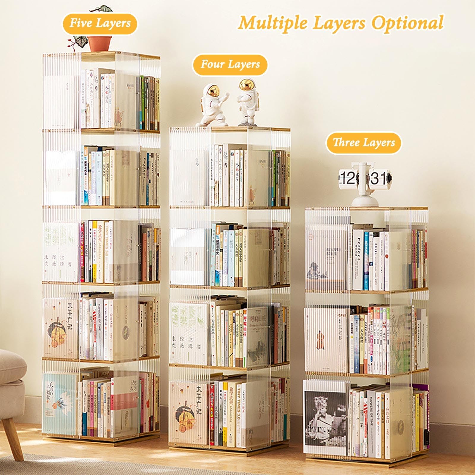 棚 360°回転 透明アクリル 本棚 絵本ラック　5段 Amazon｜竹製 360°本棚 透明 回転式本棚 3/4/5段 A4紙が入る高さ