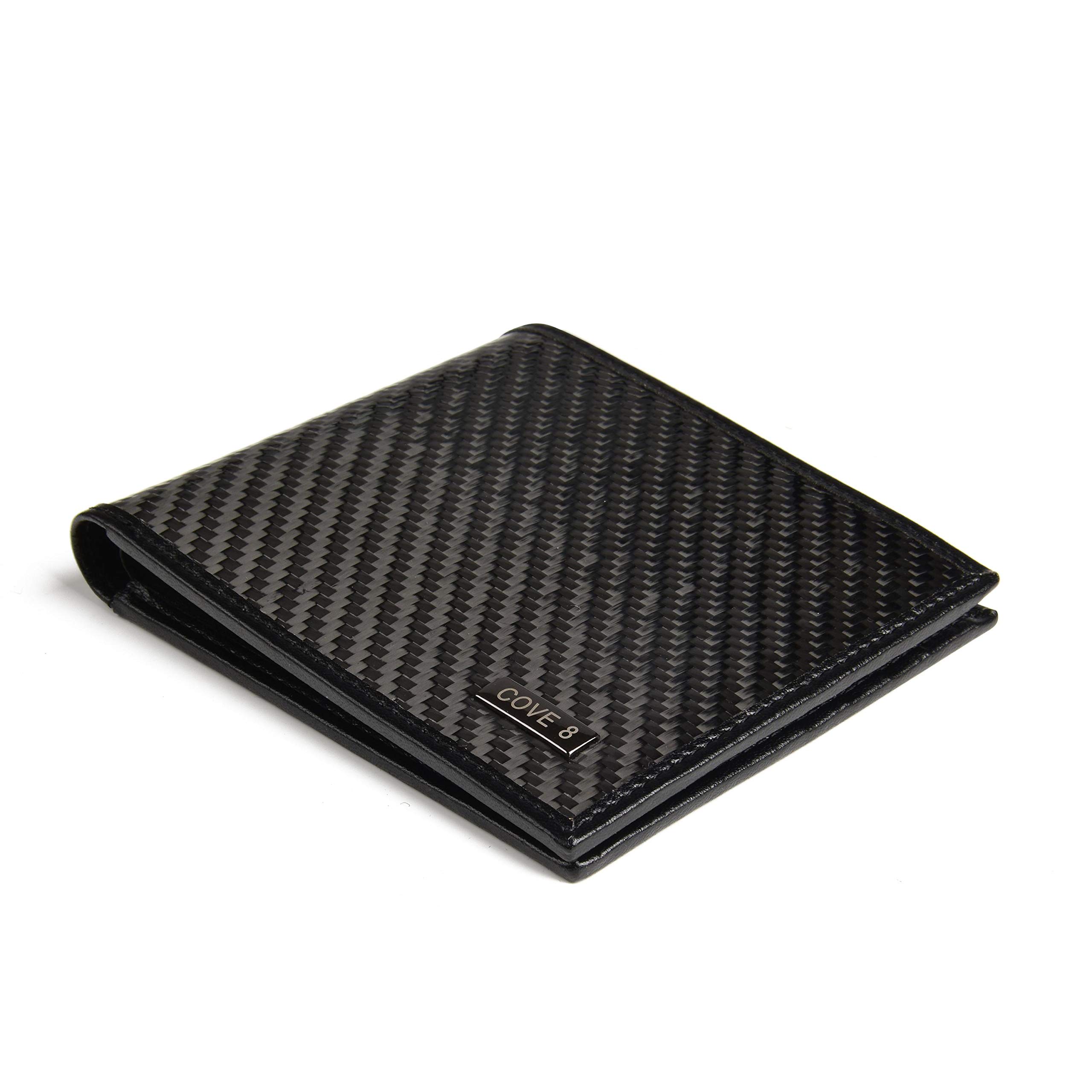 Cove 8 Carbon Fiber Wallet for Men Black Genuine Leather RFID Blocking Bifold with Gift Box (Black Stitching)