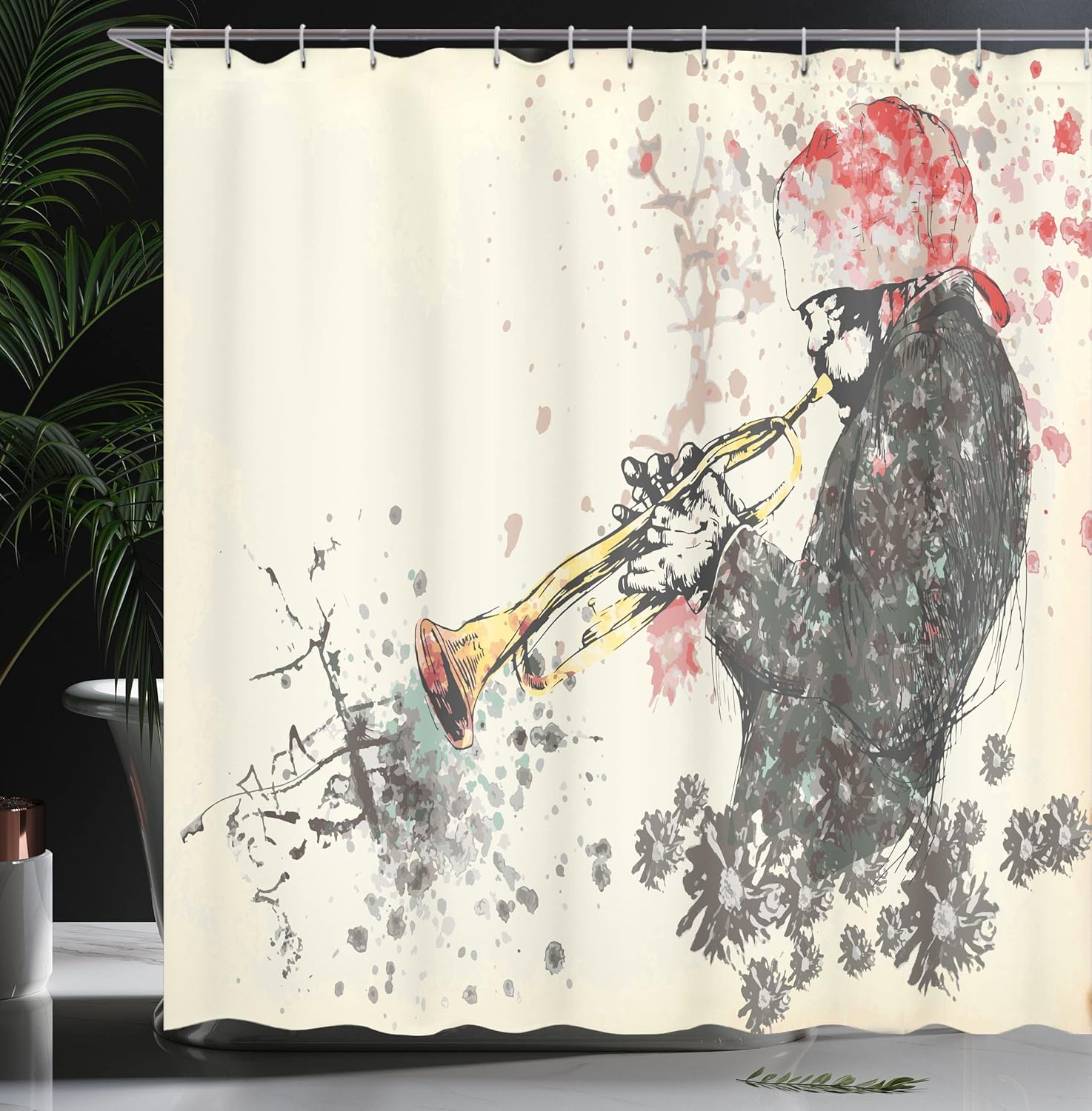 Ambesonne New Orleans Shower Curtain, Trumpeter Man with Hand Drawn Flowers and Color Splashes, Cloth Fabric Bathroom Decor Set with Hooks, 69" W x 70" L, Dark Green Vermilion and Cream