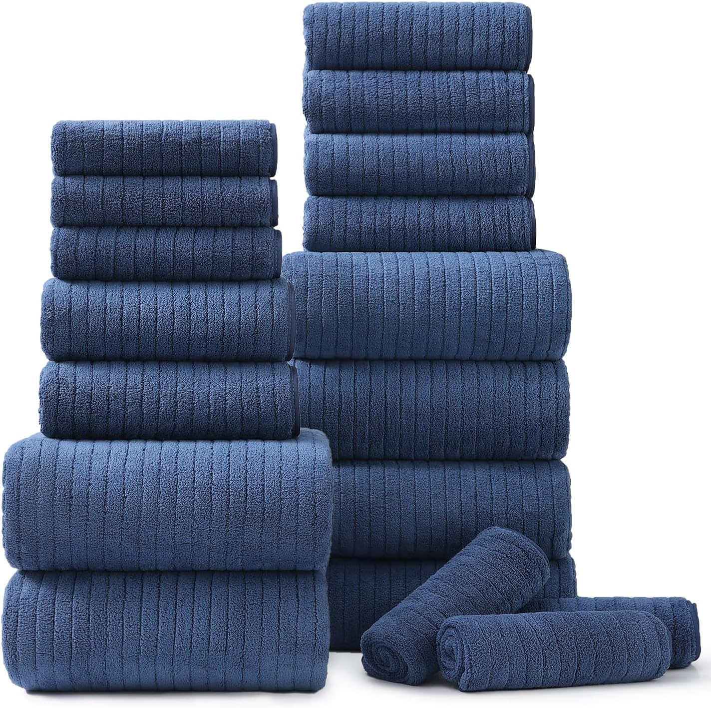 JessyHome 18-Piece Navy Blue Bath Towel Set: 6 Bath (27x60), 6 Hand (15x31), 6 Washcloths (13x13) - Super Soft Microfiber, Quick Dry, Highly Absorbent