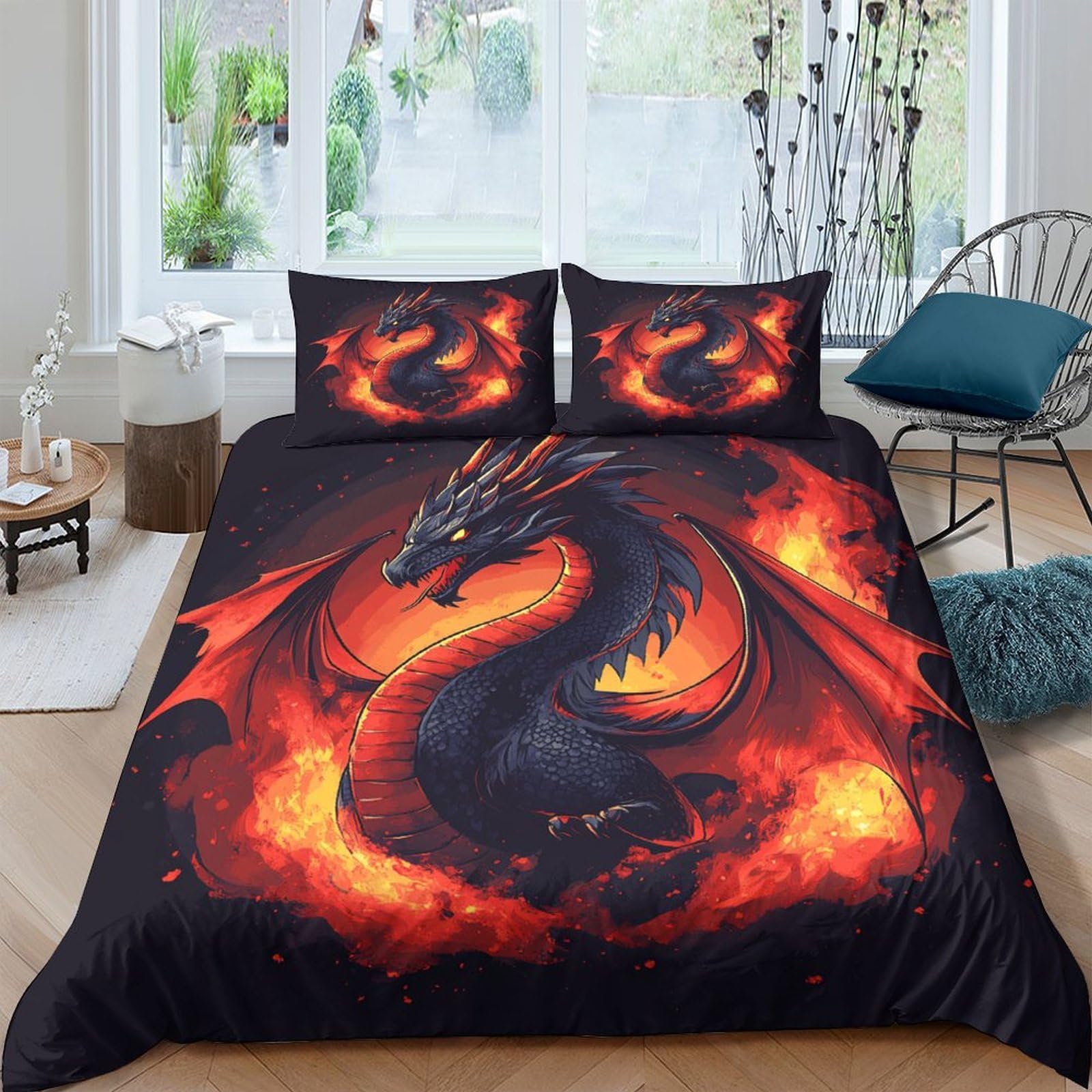 GPLZQXKJNH 3D Printed Fire Dragon Duvet Cover Set Microfiber Soft Breathable Flame Bedding Set with 2 Pillowcases for Bedroom Decor Single（135x200cm）