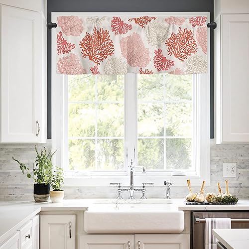 Miniatura 10 de Cenefas cortas de cortina de ventana de coral azul, cenefas de verano y beige para ventanas, cenefas náuticas oceánicas costeras con bolsillo para