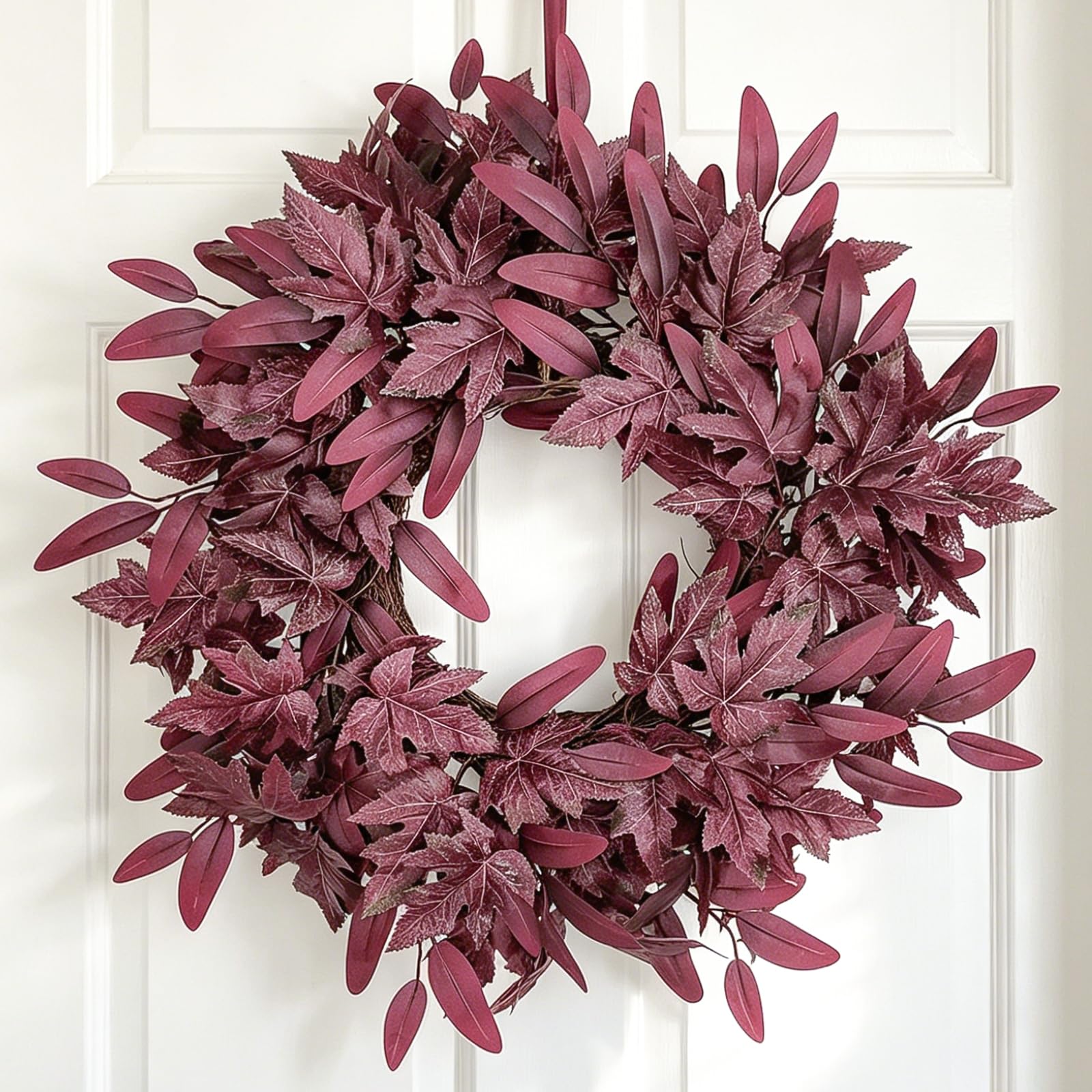 Fall Wreath for Front Door, 24 Inch Maroon Maple Leaves Artificial Outdoor Autumn Wreath for Porch, Window, Farmhouse, Home,Thanksgiving Holiday, Hanging Fall Decorations