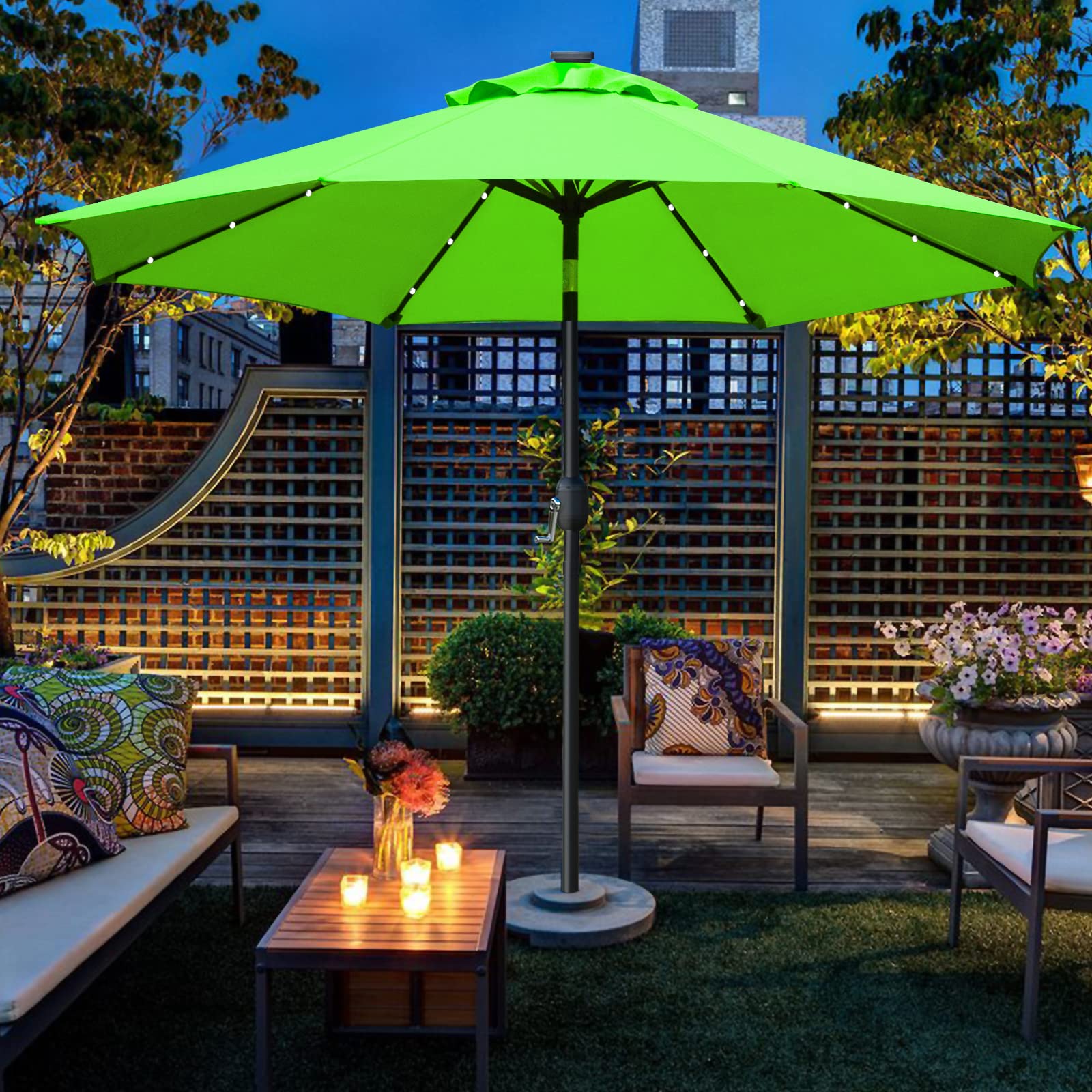 Sunnyglade 9' Solar LED Lighted Patio Umbrella with 8 Ribs/Tilt Adjustment and Crank Lift System (Grass Green) : Patio, Lawn & Garden