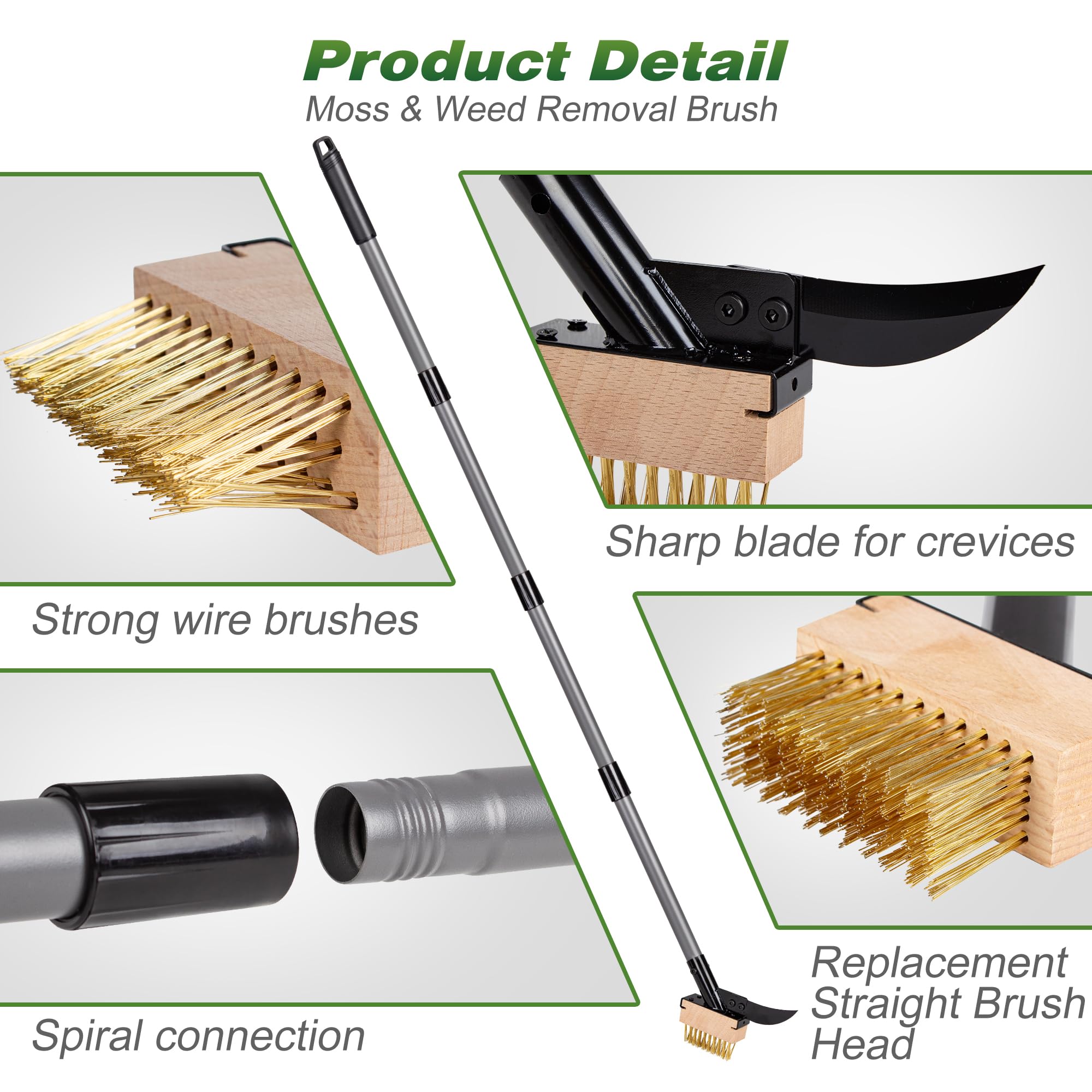 Walensee Brosse 3 en 1 pour désherbeur et mousse avec poignée réglable de 167,5 cm, brosse métallique avec 2 têtes remplaçables et grattoir pour terrasse, patio, allée, suceur plat