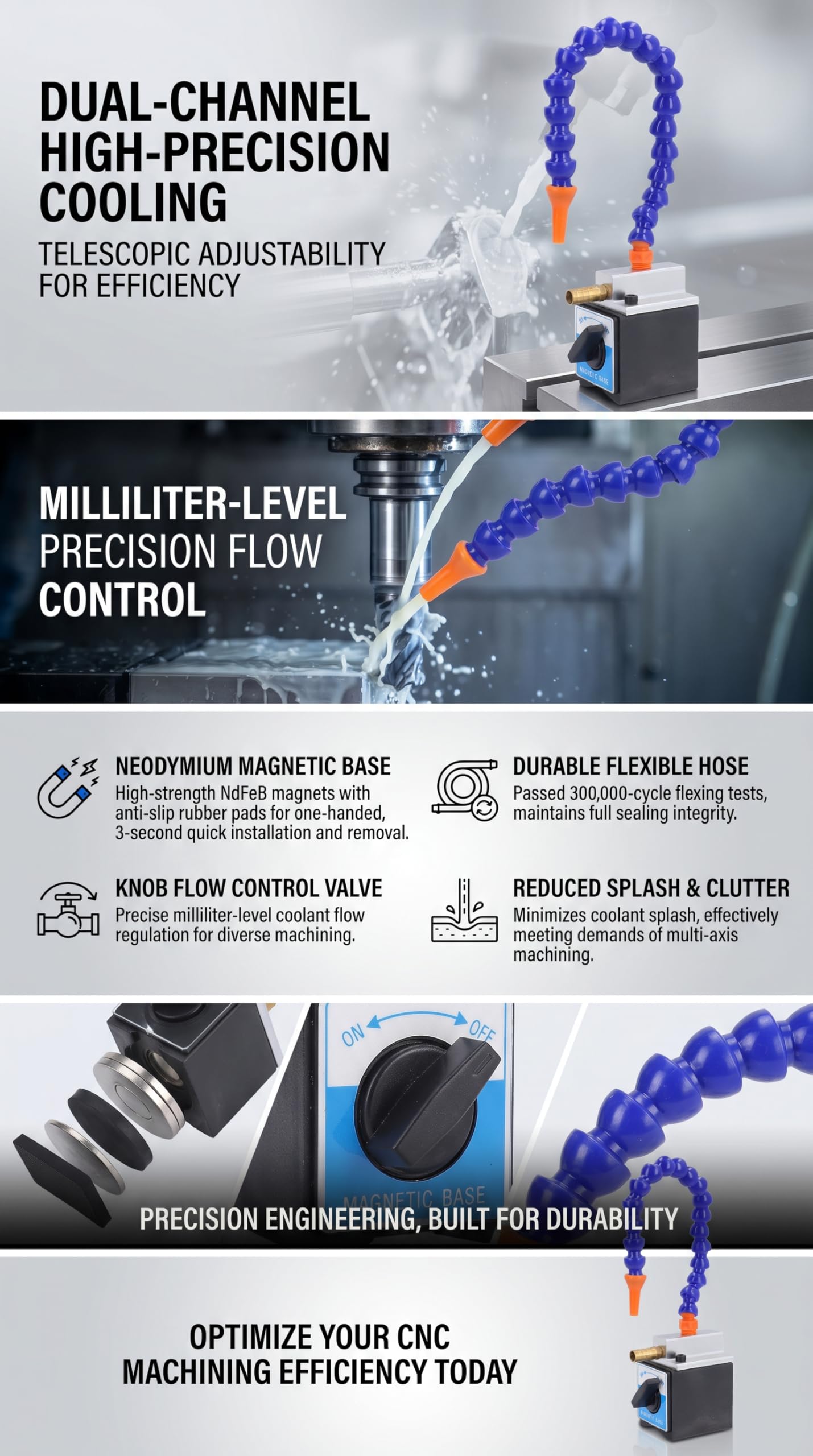 Zerodis Kühlmittels Ch Lauch mit Magnetischer Basis, 300mm Verstellbarer Magnetischer Basis Kühlmittel Flexibel 1/4-Zoll Einlass 1 / 2in Auslass Schlauch für Maschinen Verarbeitung