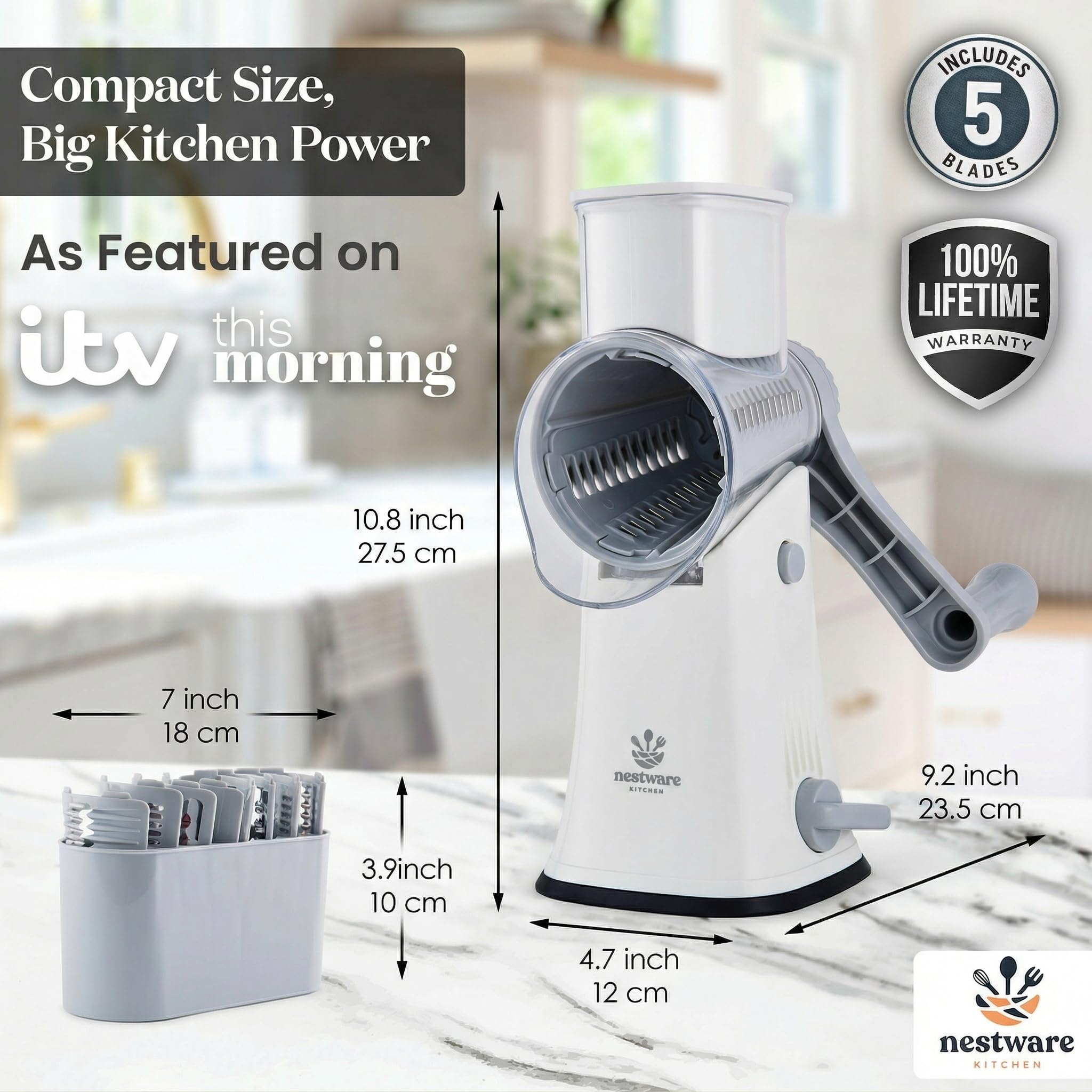 Rotary Cheese Grater 5 Blade Cheese Shredder Reinforced Suction & 5 Interchangeable Drums - Easy to Use Vegetable Chopper (White)