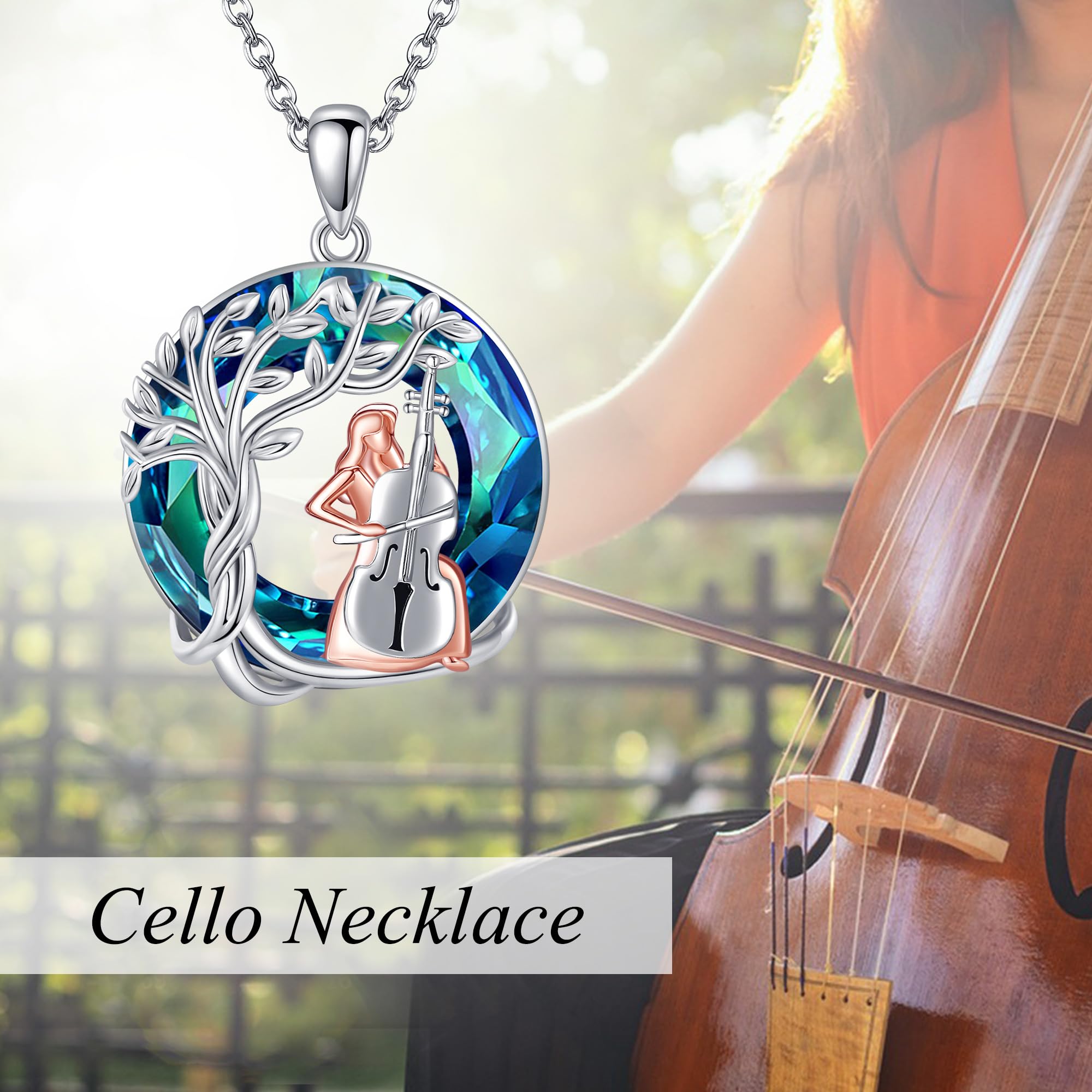 DAYLINLOVE Collar de violonchelo de plata de ley 925 con diseño de árboles de la vida, joyería de cristal de violonchelo, regalos de graduación para mujeres amantes del violonchelo, Plata esterlina
