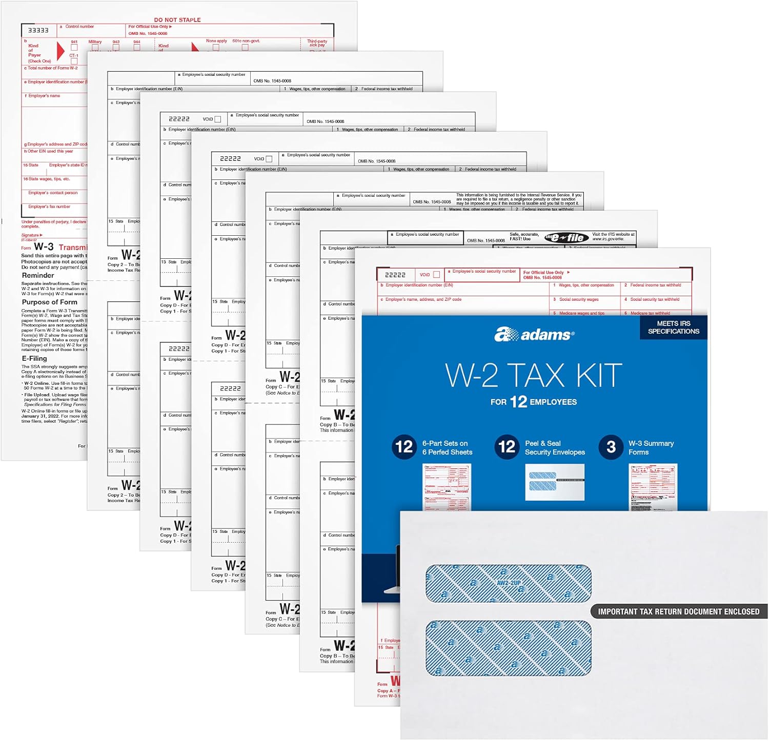 Adams W2 Forms 2021, Tax Kit for 12 Employees, 6 Part Laser W2 Forms, 3 W3, Self